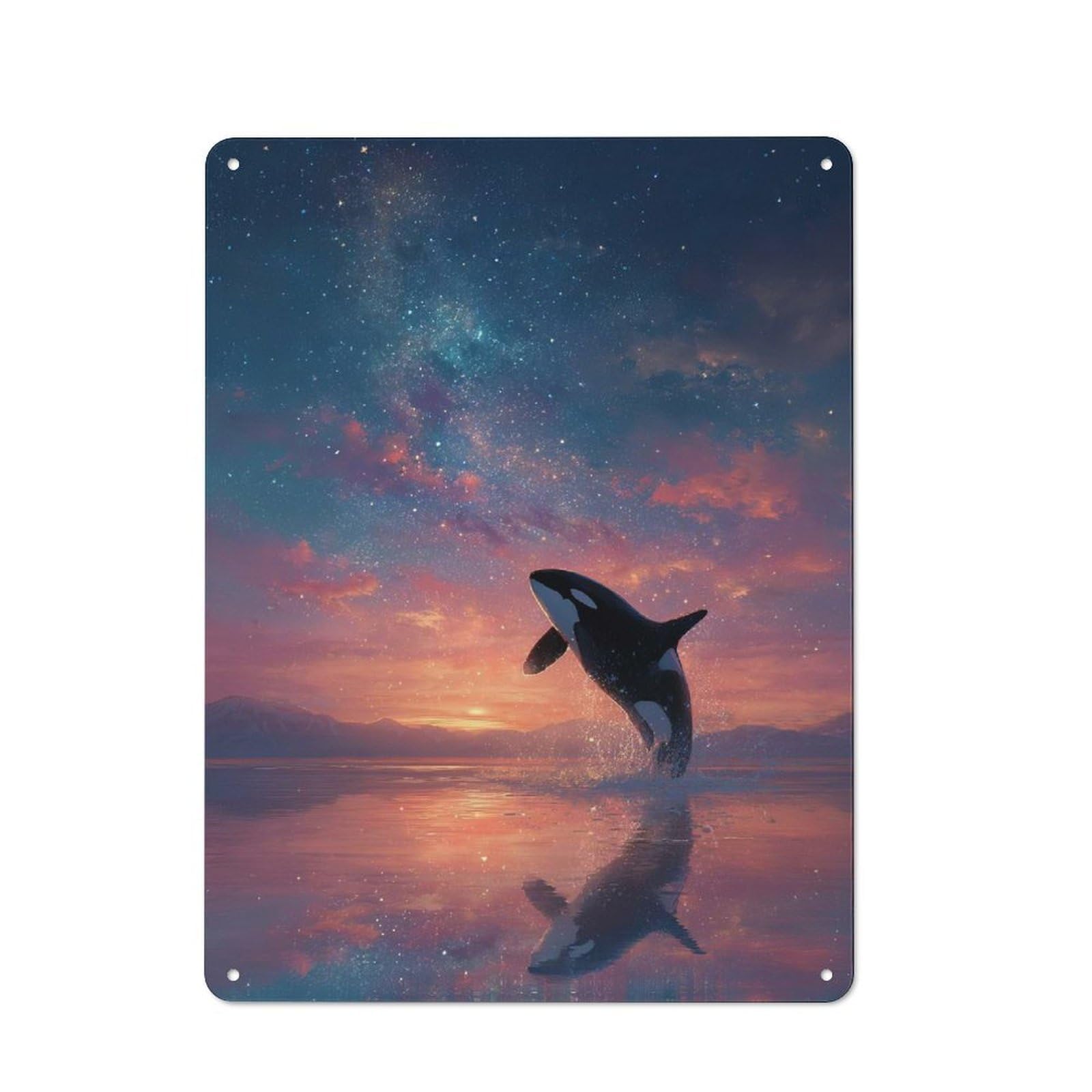 Junmoney Style-9 Metal Sign 40X30cm With Orca Breaching At Sunset Under Stars For Pub Or Café, Vintage Decor, For Metal Sign Collectors, For Garage And Workshop Walls