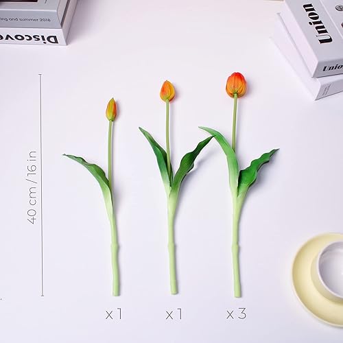 Miniatura 2 de Tulipanes falsos de tacto real de 16 pulgadas, flores artificiales con brotes, tallo flexible fácil de moldear, tulipanes sintéticos (jarrón no
