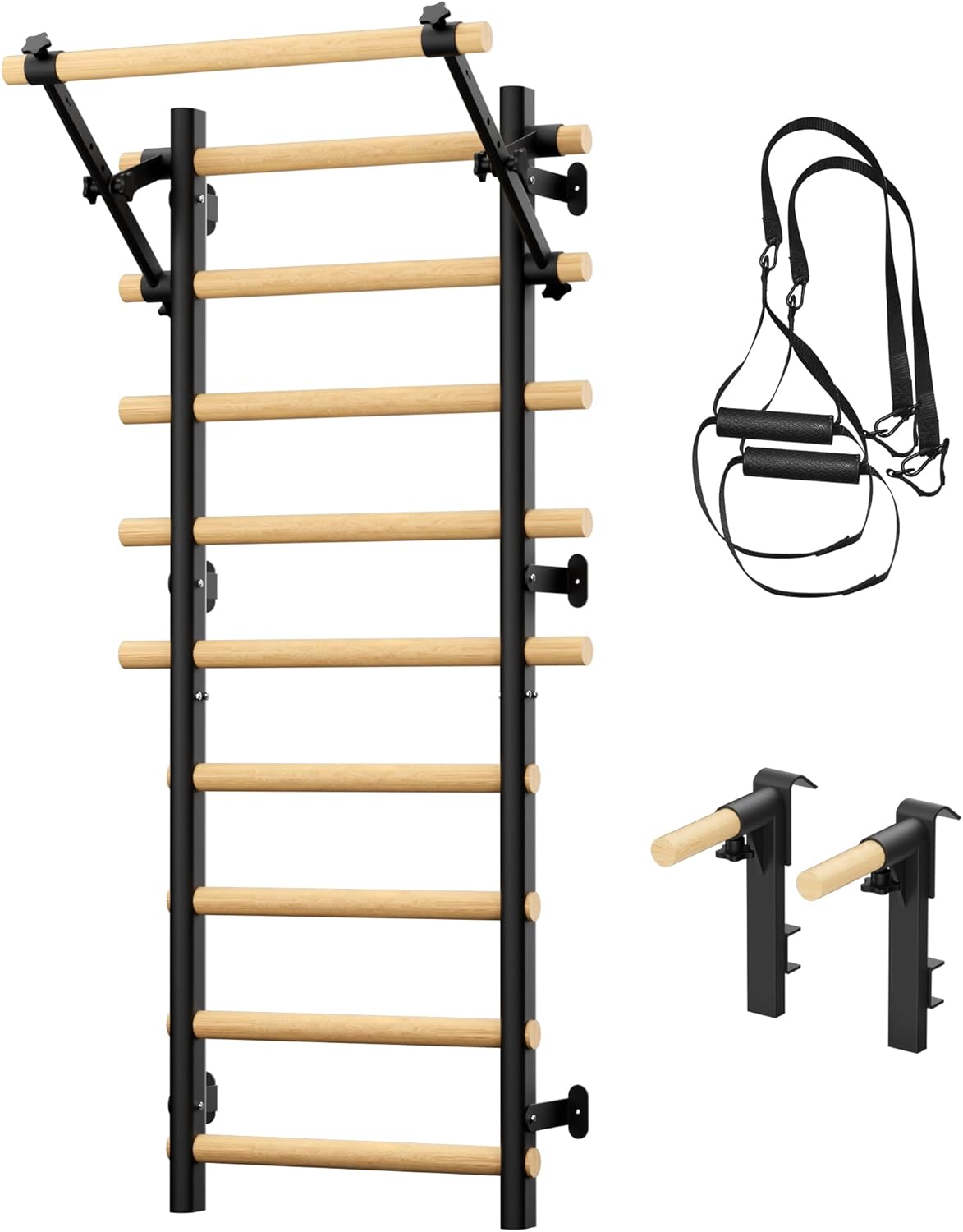 Cofiyard Swedish Ladder Wall Gym, Wooden Wall-Mounted Stall Bars with Pull-up Bar & Exercise Straps & Dip Bars, Stretching Ladder Full Body Home Gym Adults New