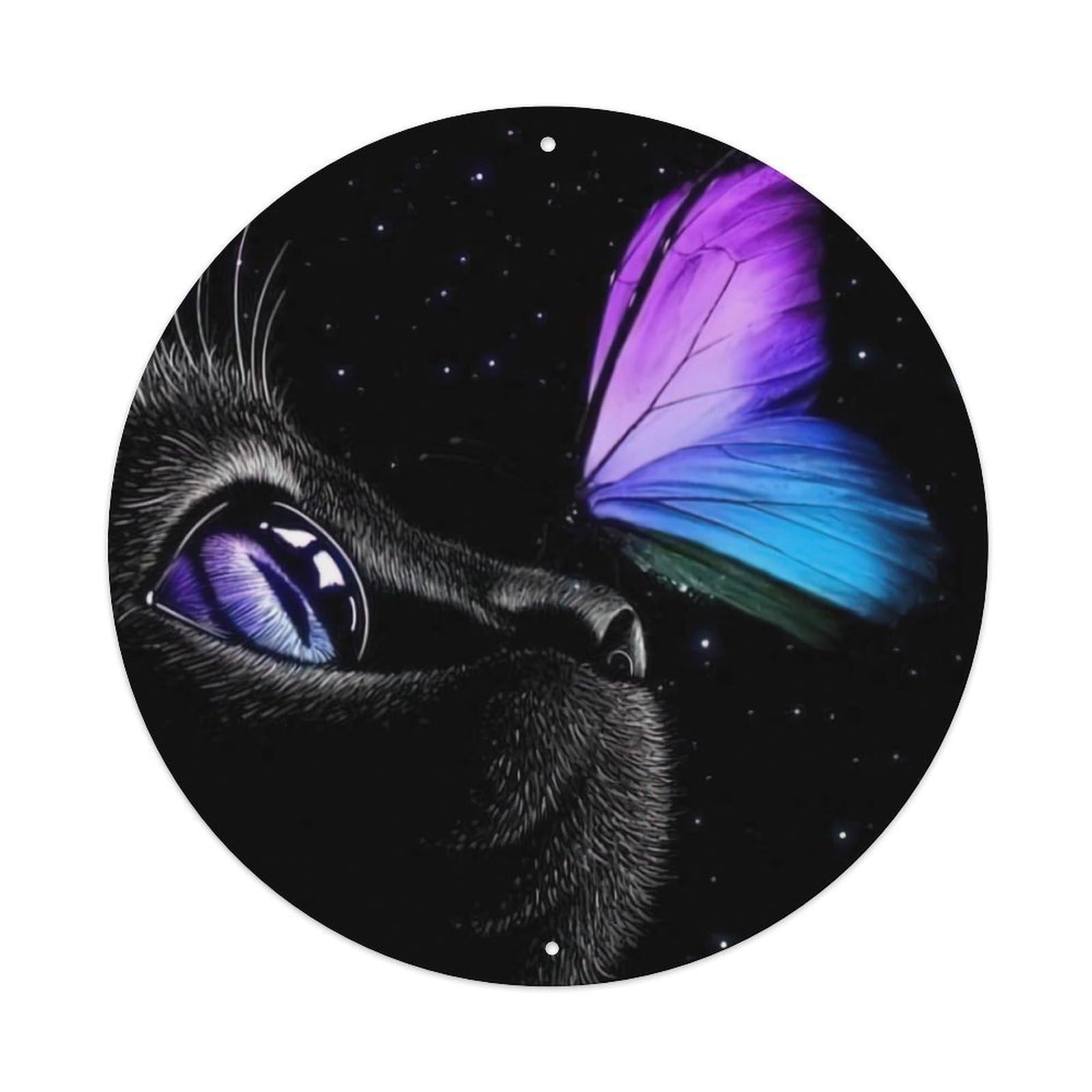 Animal Black Cat Purple Eyes Butterfly Mystical Night Sky Fantasy Vintage Metal Tin Sign Plaque Wall Decor for Cafe, Club Bar, Office, Garden Metal Poster 8x8Inch