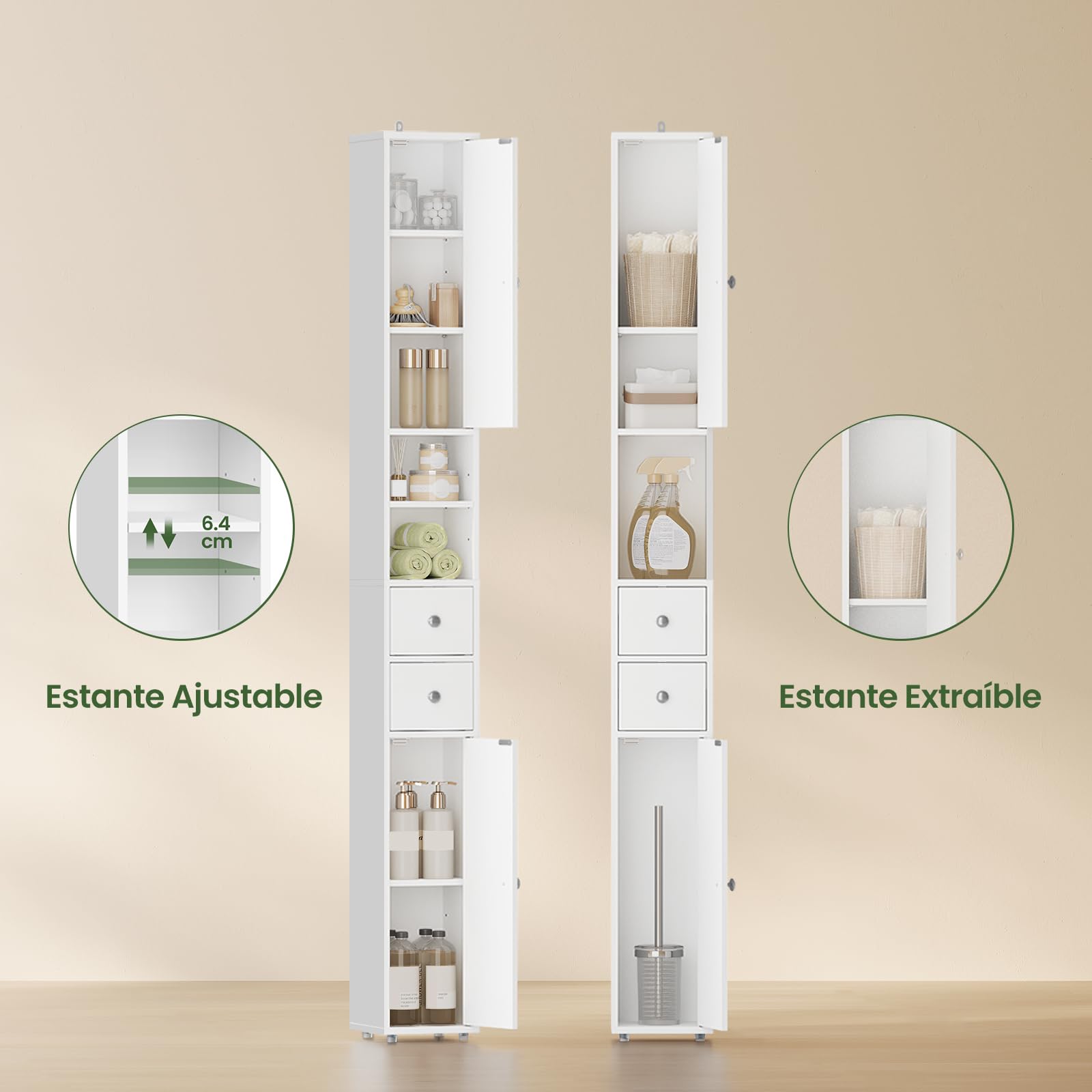 EUGAD Mueble Baño Estrecho, Armario Alto, con Estantes Regulables en Altura, 20x20x180 cm, Columna Baño Auxiliar 2 Cajones y 2 Estantes Abietos, Blanco 0257WY