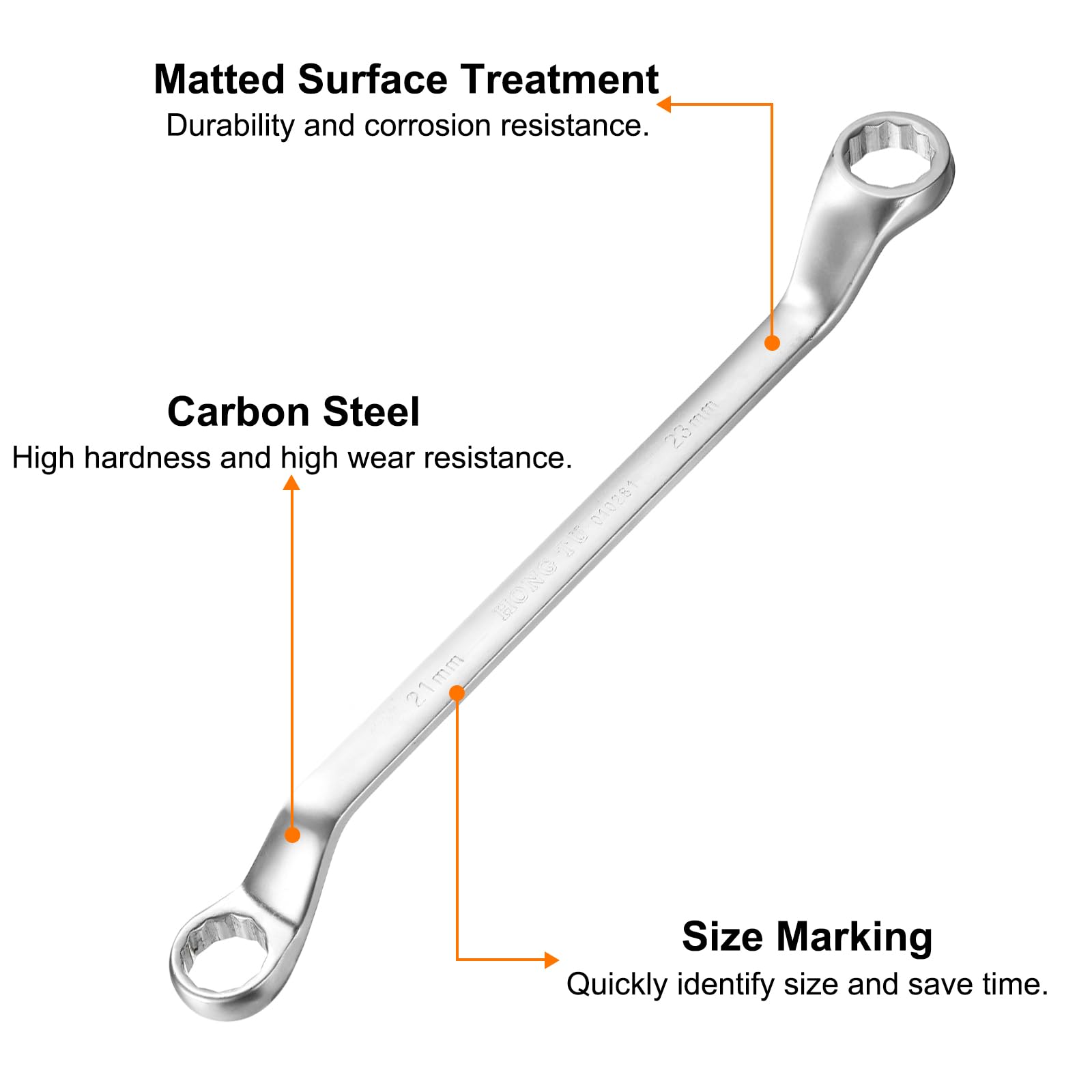 Llave de Boca acodada extralarga de 21 x 23 mm, métrica, de 12 Puntas, con ángulo de 75 Grados, de Doble Extremo y trinquete, Fabricada en Acero al Carbono Pulido.