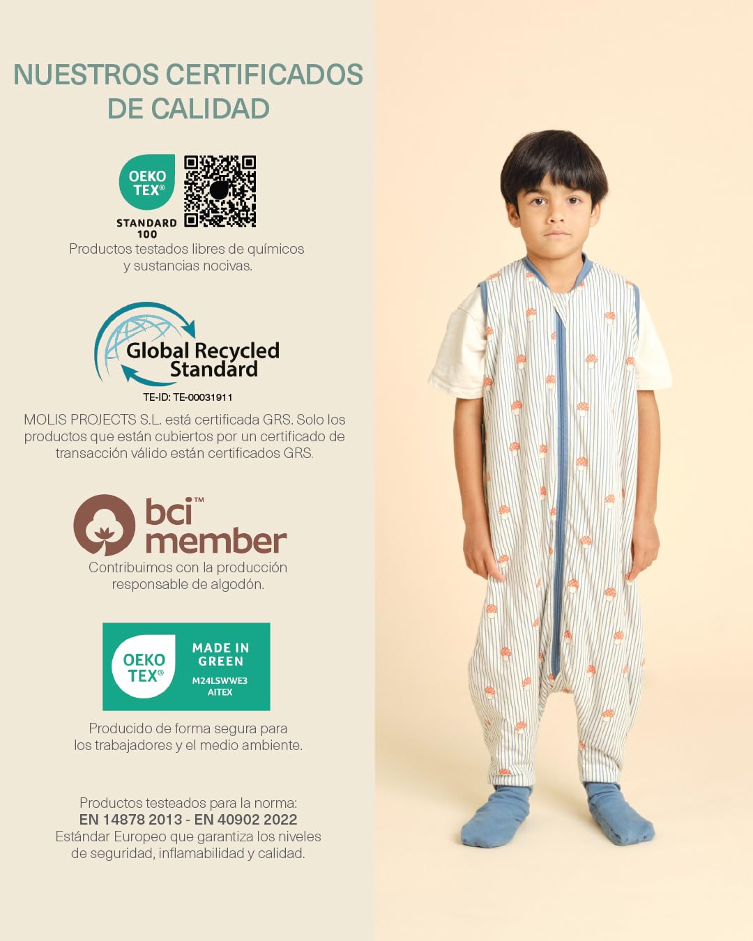 molis&co - Pijama Manta con Calcetines Antideslizantes 1.0 TOG - 80 cm (2 años) - Ideal para Primavera y otoño - 100% algodón (Oeko-Tex 100) - Mushrooms