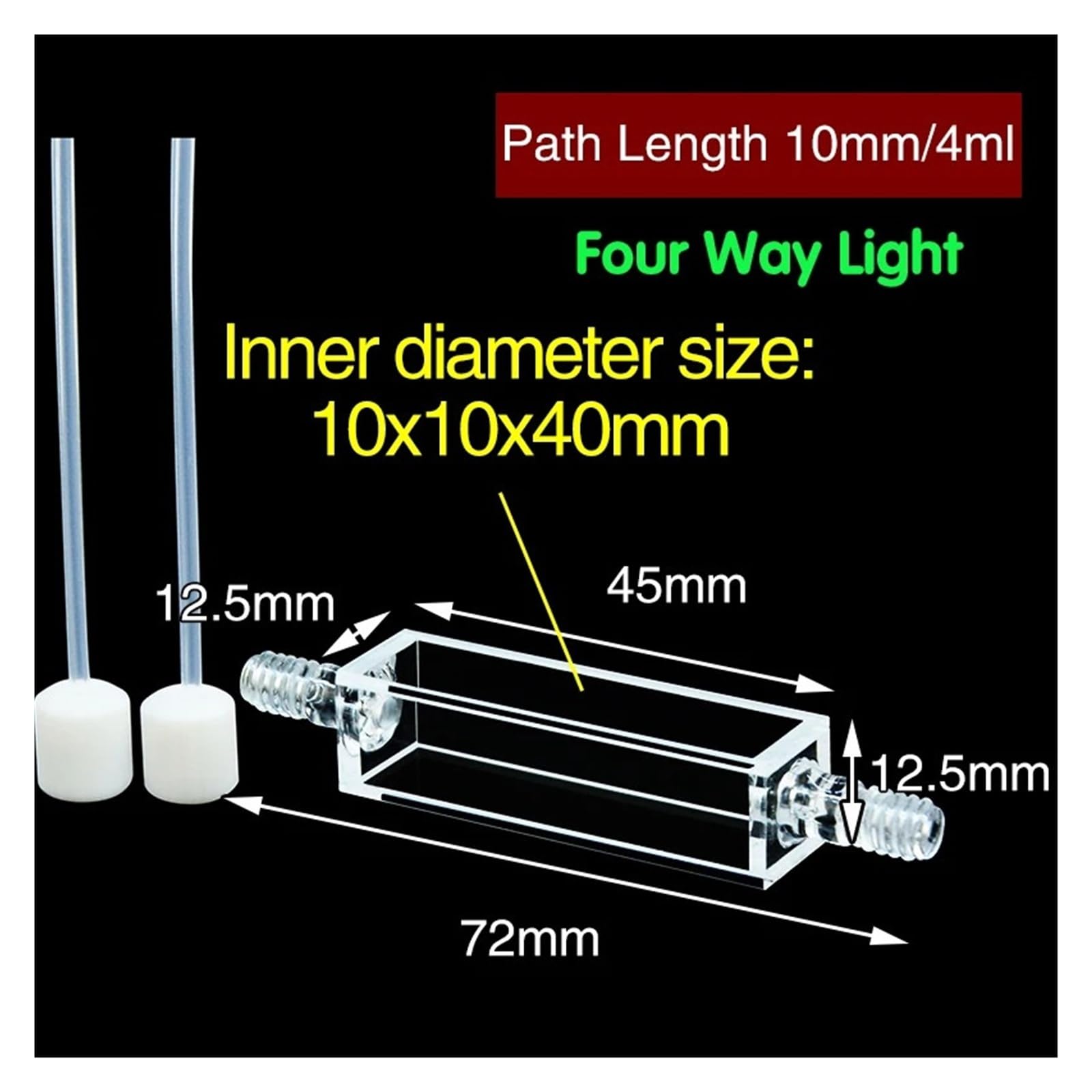 1 Stück 10 mm Durchfluss-Quarzküvettenzellen, Volumen 4 ml, zusammengeschmolzener Prozess, vierseitig transparent, PTFE-Verbindung ist abnehmbar