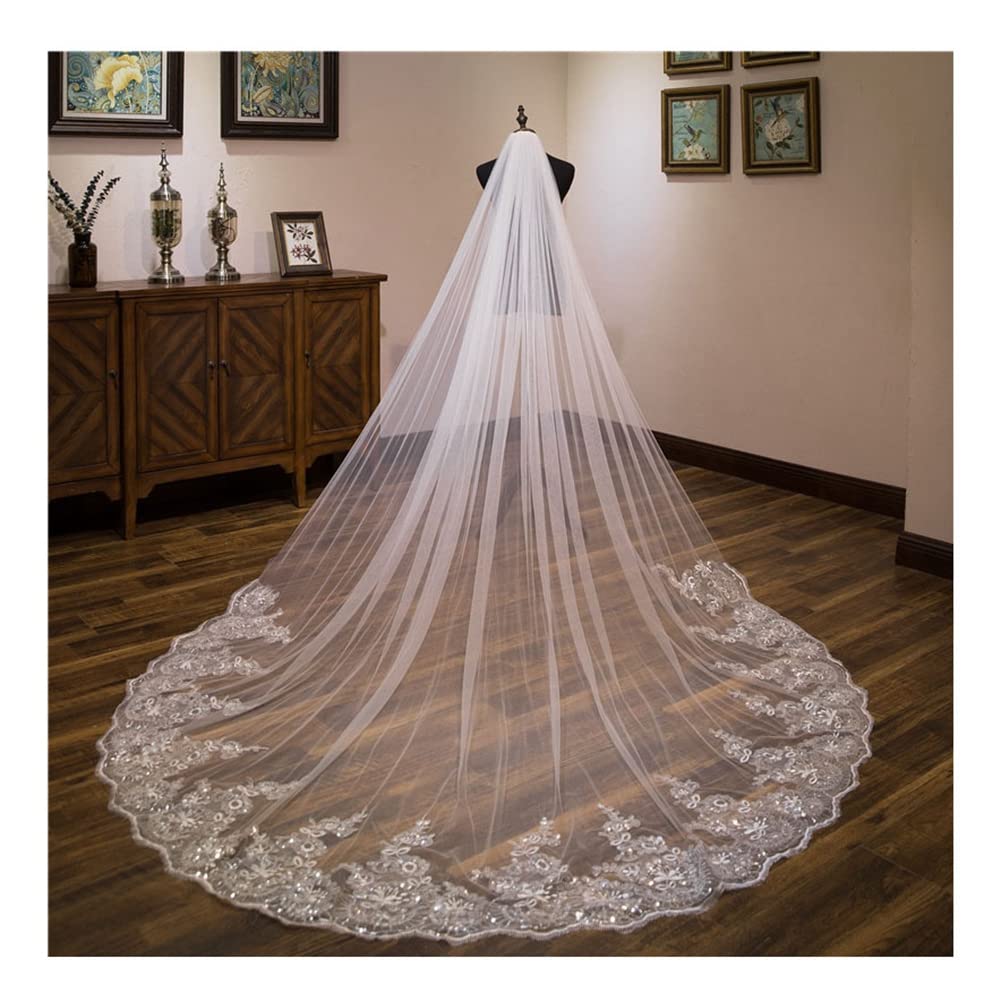 3M Lange Hochzeitsschleier Kirche Hochzeit Brautschleier Tüll Kante Appliques Schleier mit Kamm Spitzen -Pailletten Softtüll für Braut Fotostudio Hochzeitskleid Zubehör Elfenbein