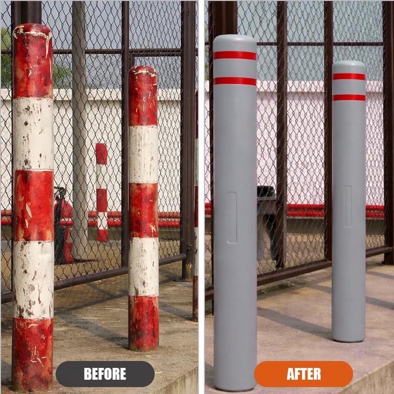 4"x46" Grey Bollard Covers - High-Visibility with Reflective Tape & Built-in Sponge, HDPE Plastic Slip-On Covers for Warehouse Aisle, Parking Lot, Outdoor Safety.