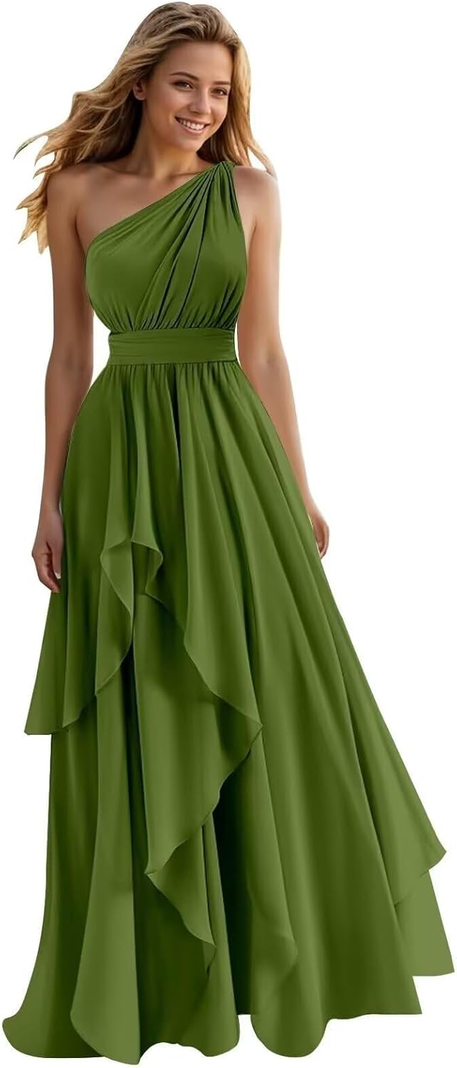 One Shoulder Chiffon Bridesmaid Dresses Long for Women Ruffle A Line Pleated Formal Dresses
