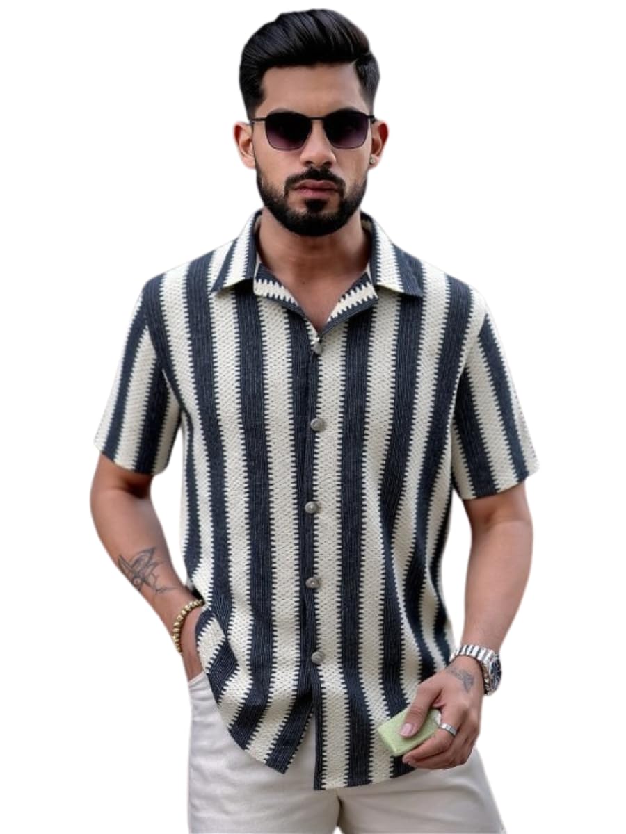 toughtees Bohemian Crochet Striped Shirt for Men – Half Sleeve Casual Cotton Button Down | Lightweight Summer Beachwear Top-picture-32