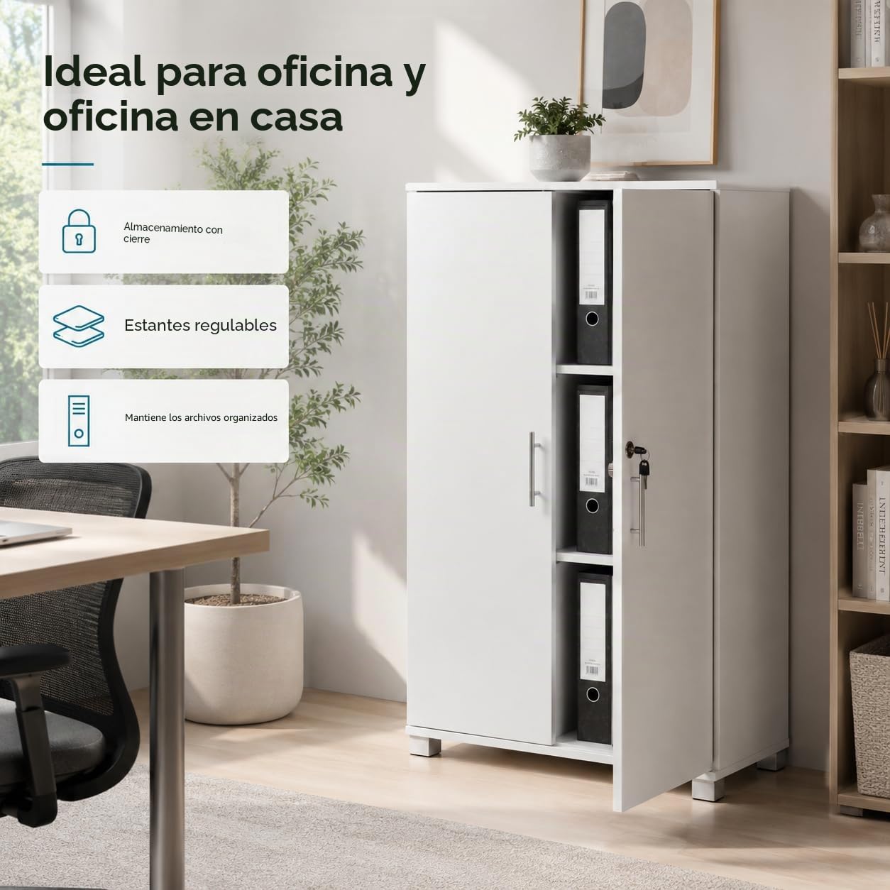 MMT - Armario de Almacenamiento de Oficina, Madera Blanca, 120 cm de Alto, con Cerradura, para Oficina, Garaje, Utilidad.