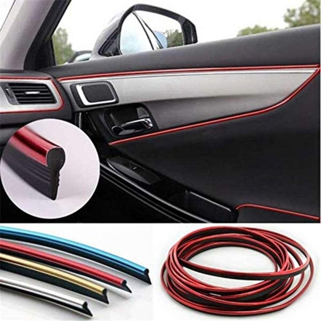 Metallic Red Chrome Interior Decoration Beading, Flexible Styling PVC Moulding Trim Strip (5 Meters, Car Beading Roll)
