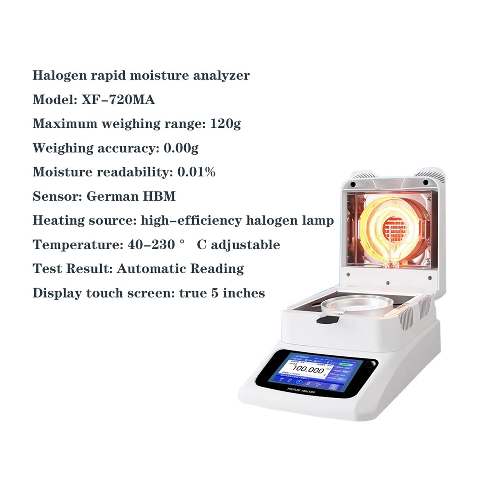 Bilancia da Laboratorio con Analizzatore di umidità, Risoluzione 0,001 G, Touch Screen, 120 G X 0,001 Grammi(Xf-720Ma 120G0.002G-Spina)
