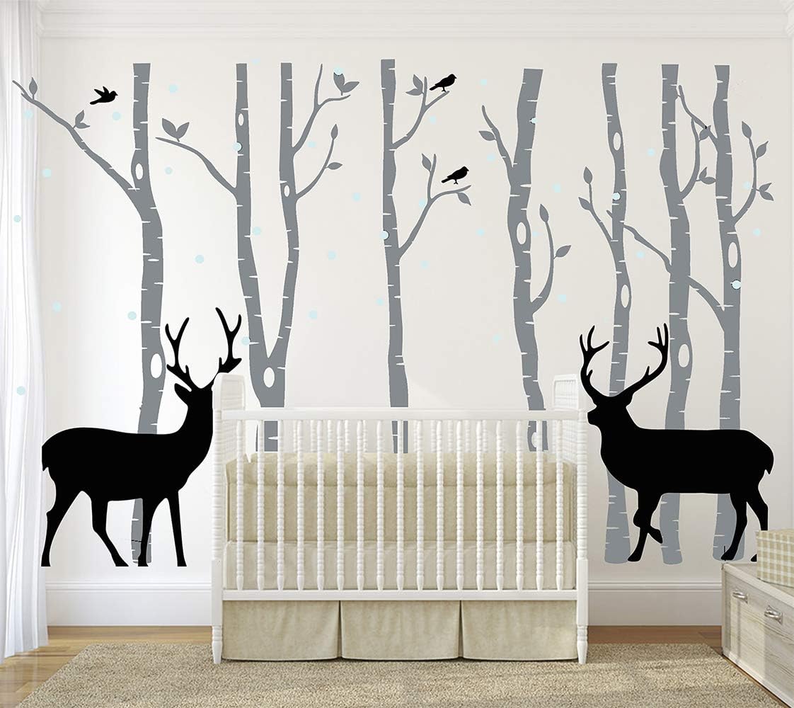 LUCKKYY Birch Tree Deer Wall Decal Nursery Forest Removable Birch Trees Vinyl