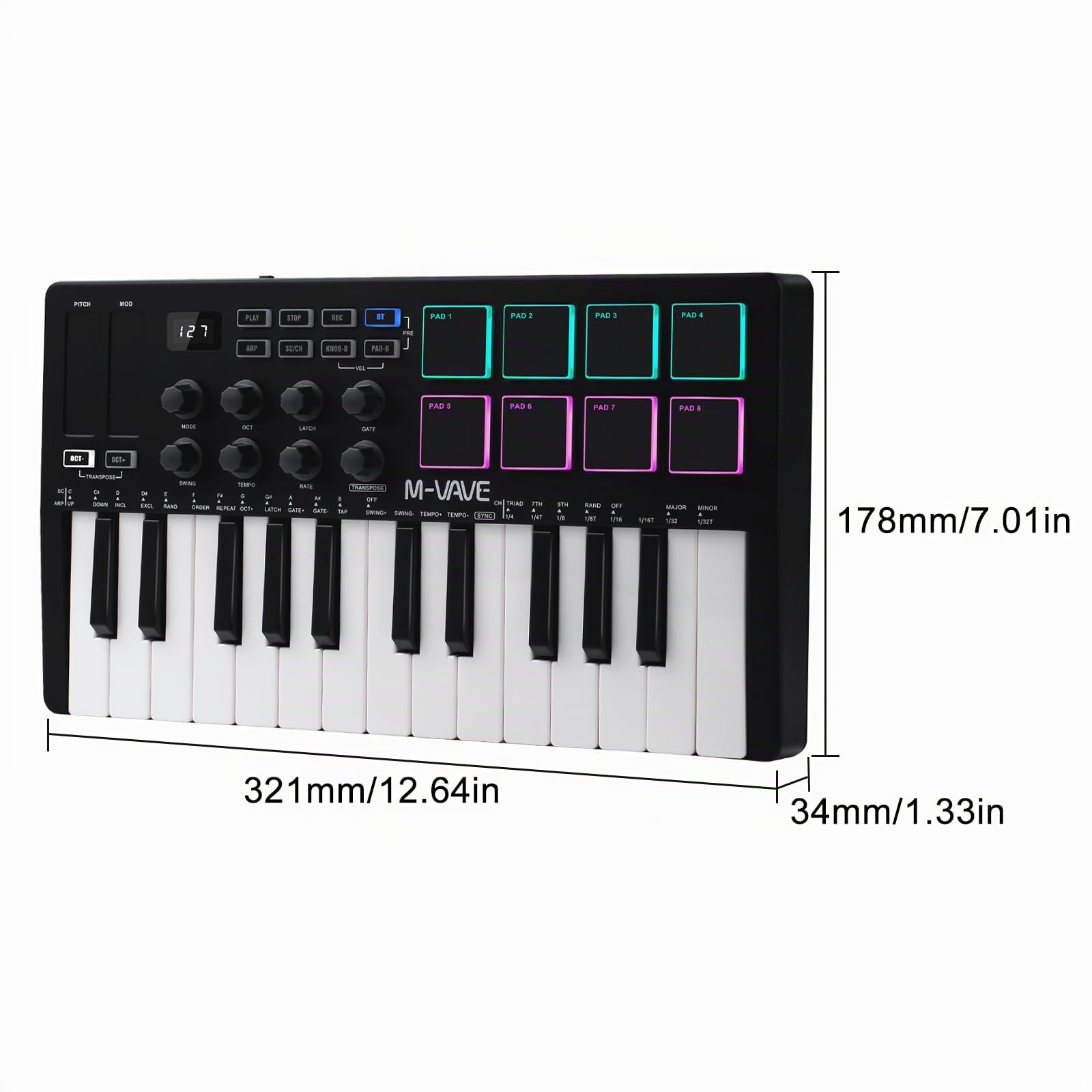 Nikou M-VAVE MIDI Tastatur Controller, USB Mini 25 Tasten Professionelles Dynamisches Tastenbett Elektro Musik Arranger Keyboard mit RGB-Schlagzeugpads (Schwarz)