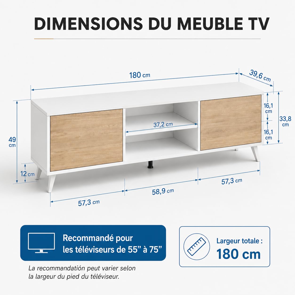 Meuble TV avec 2 Portes et 2 Compartiments pour Salon, Chambre. Dimensions : 180 x 49 x 39,6 cm (Largeur x Hauteur x Profondeur). Finitions Blanc Mat et Sable.