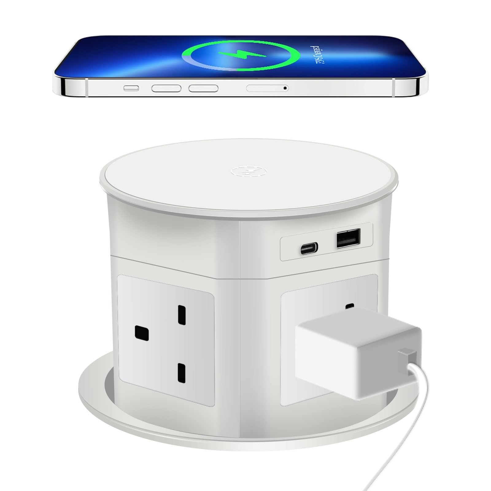 Pop Up Outlet; 15W Wireless ChargerWith 4 Outlets power 15A USB-C PD 20W Super charging, 3.86 inch Desk Hole Pop Up Power Outlet for Kitchen Countertop,Office Conference Table (White-UK Power)