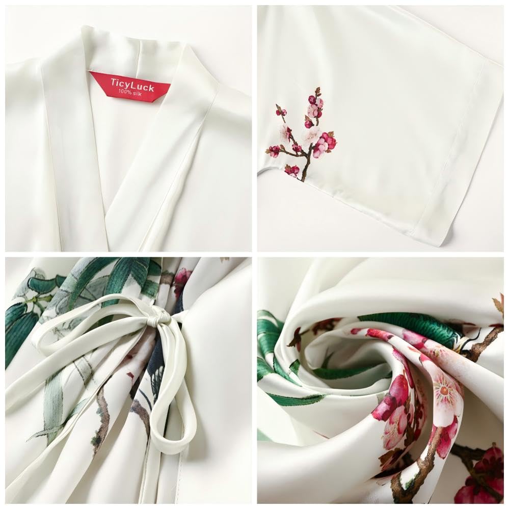 Image of Women's Silk Kimono Robe Short Bathrobe Nightgown 100% Mulberry Silk for Women - Classic Floral Pattern