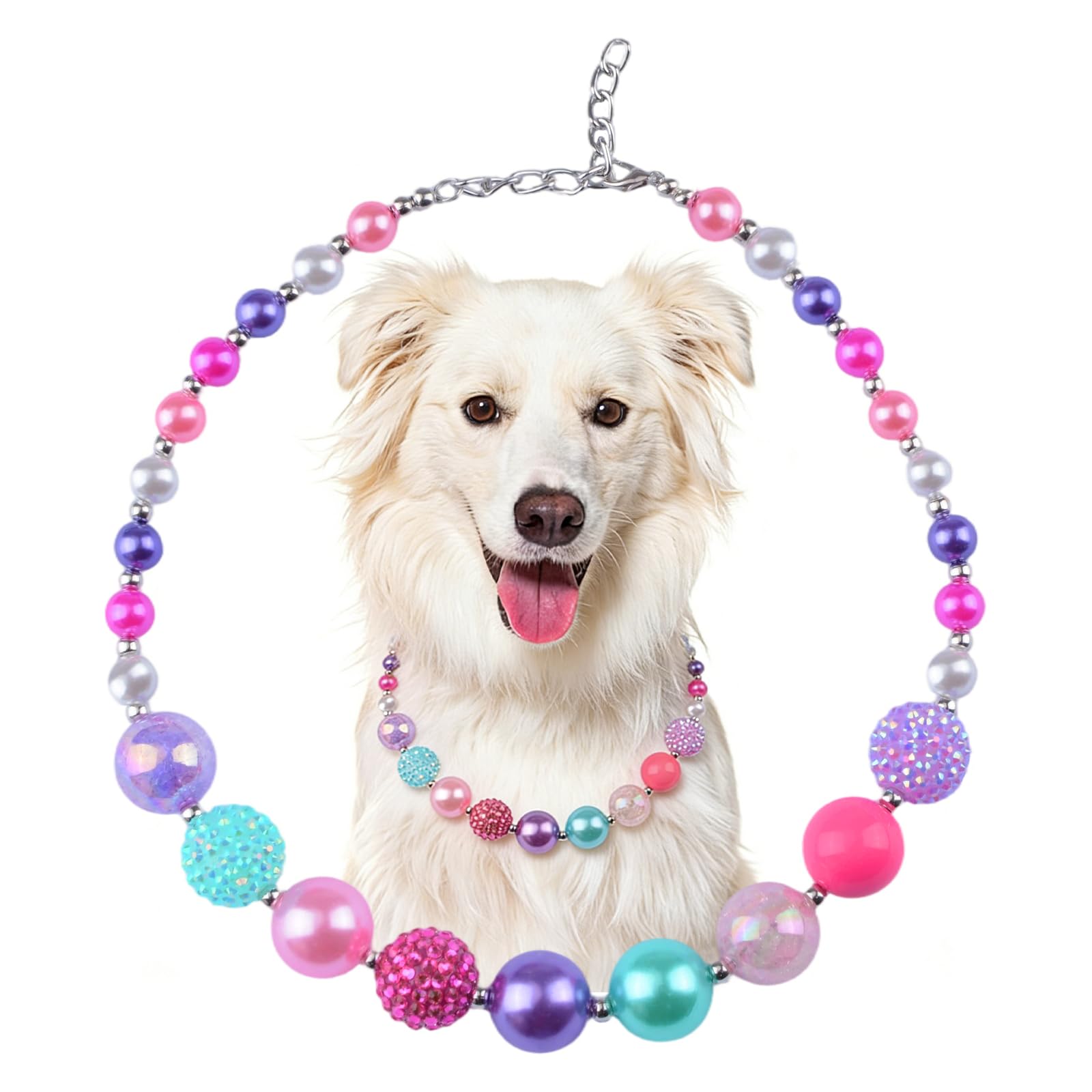 HACRAHO Handmade Rainbow Beaded Dog Collar,Candy Beads Handmade Fancy Dog Collar with Bell Necklace Jewelry Adjustable Pet Pearl Collar Pet Necklace Jewelry Accessories for Medium Large Dogs
