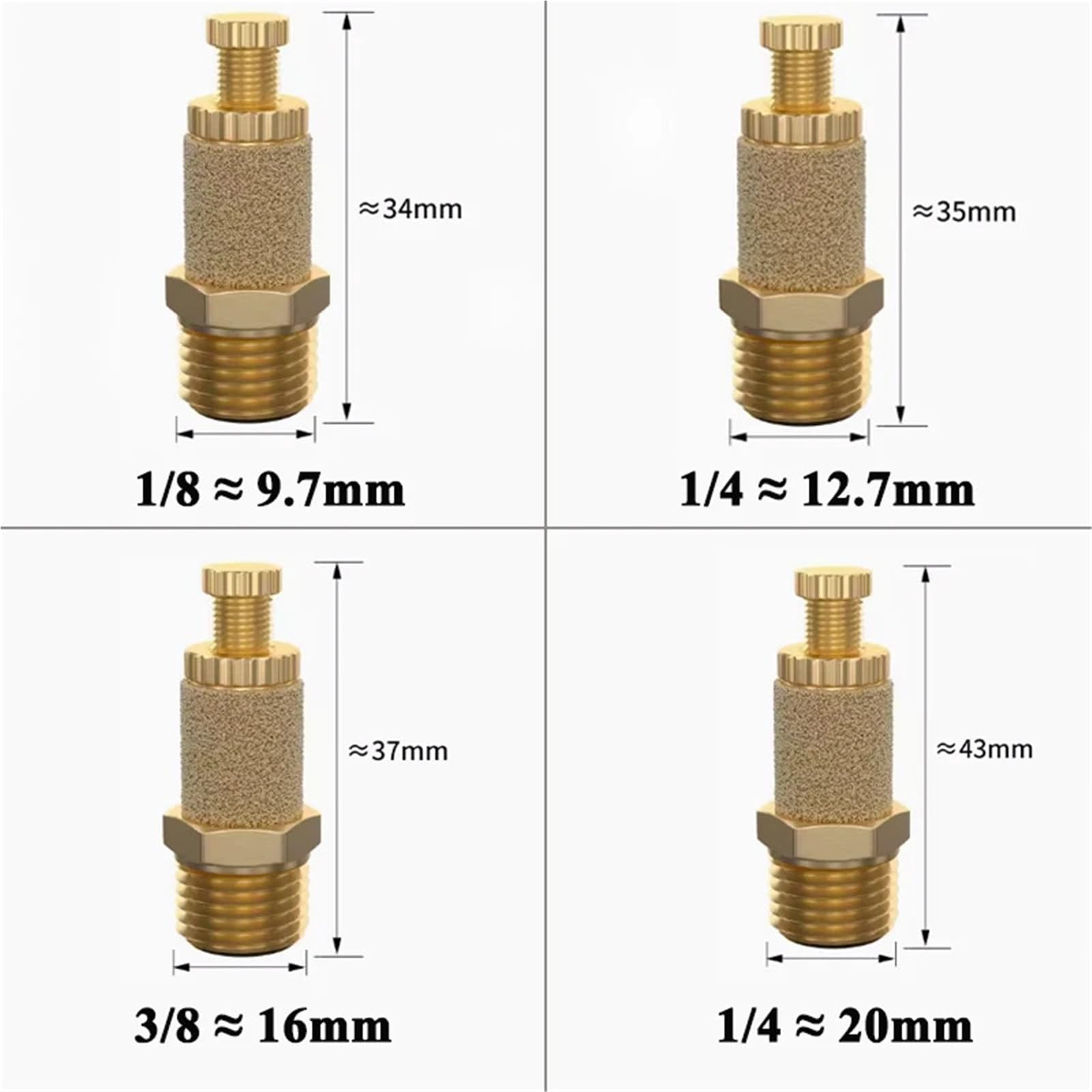 Silenciador de escape neumático de latón (5 unidades, 1/8, 1/4, 3/8 y 1/2 BSPT, rosca macho, for aire, ruido ajustable, largo y corto, BSL)(Adjust-SLL-5PCS,1/4")
