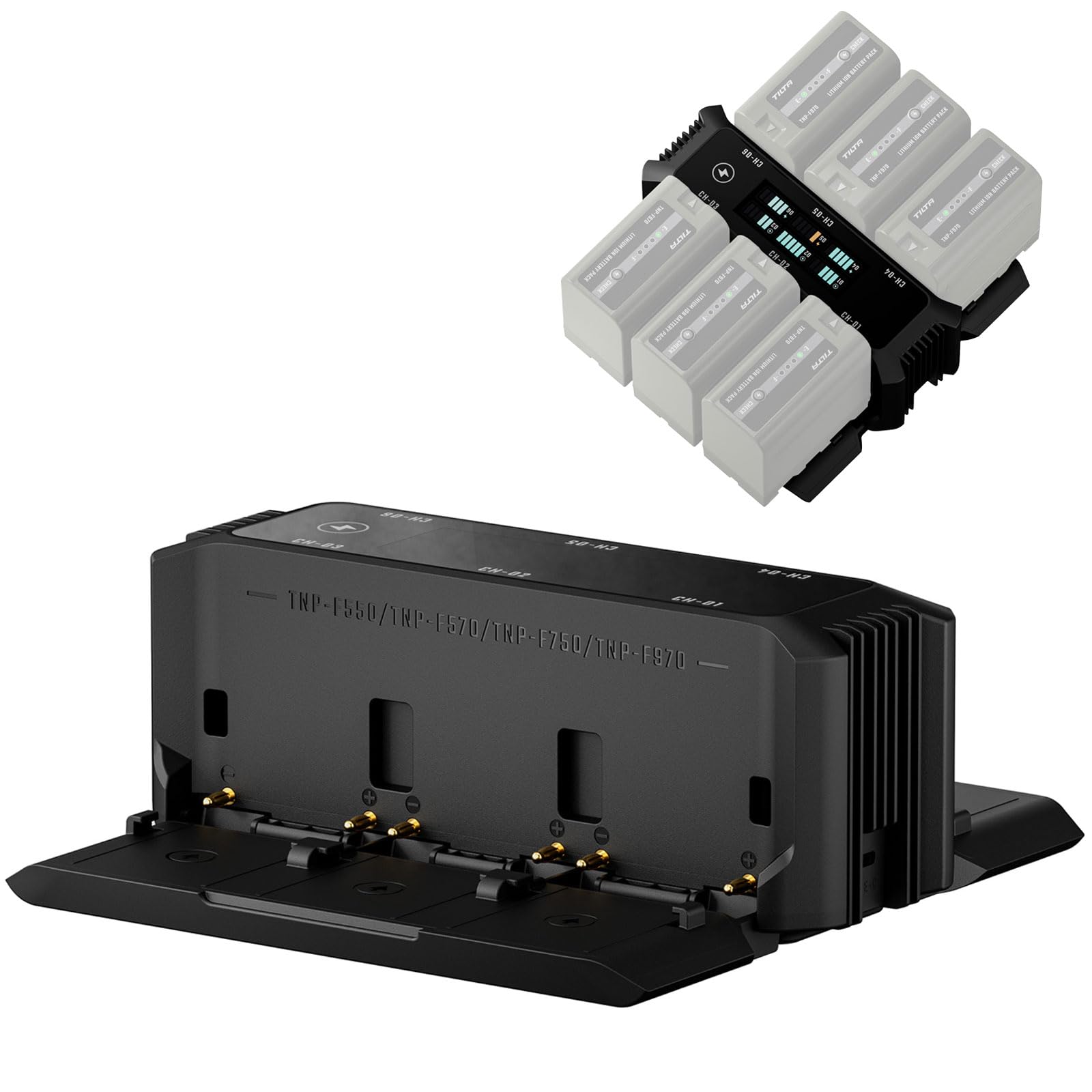 Tilta Cargador de batería NP-F, Compatible con Sony NP‑F970/F750/F570/F550 | Carga rápida 100W PD/QC,6 ranuras cargan 6 baterías,Refrigeración ventilador regula temp.