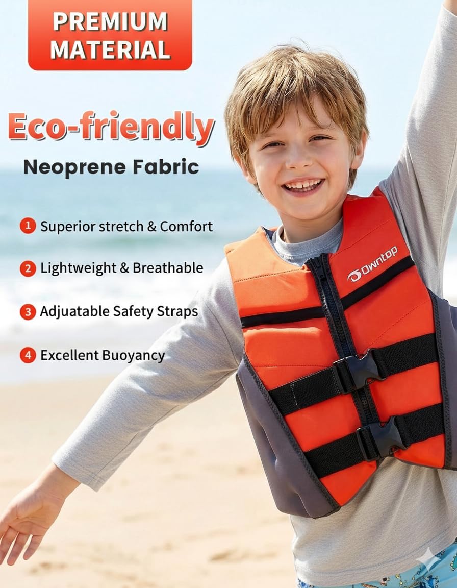 Owntop Gilet da Nuoto Junior | Aiuto al Galleggiamento per Ragazzi e Bambini | Giubbotto Galleggiante in Neoprene Leggero con Doppie Cinghie di Sicurezza Regolabili per Nuoto, Kayak, Pesca
