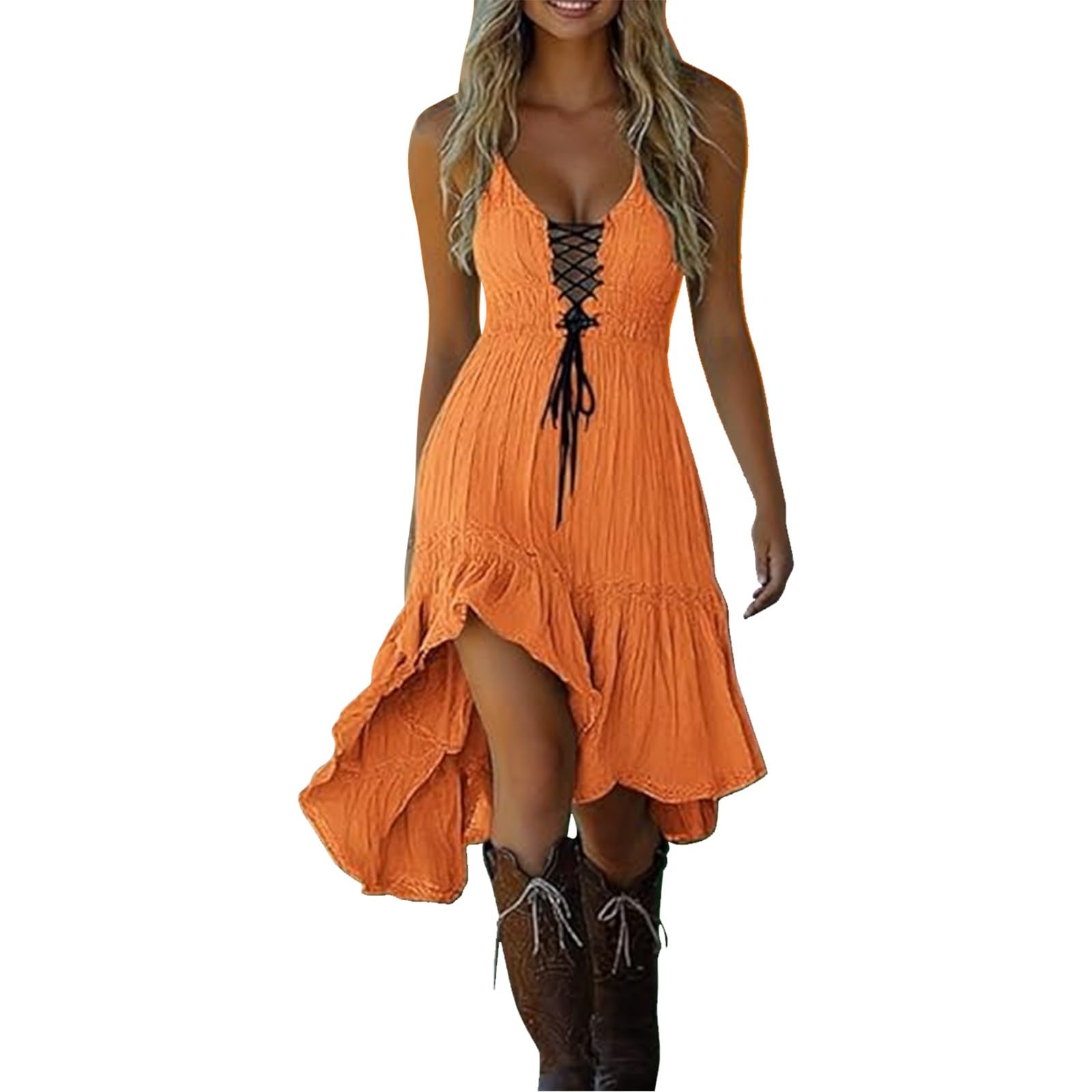 Orange Women's Vintage Western Cowboy Denim Dress - Floral Lace Trim Off Shoulder Flare Dress Halloween Costume 70S Inspired Prairie Outfit Country Party Dresses Ladies Cowgirl Retro Cosplay Wear