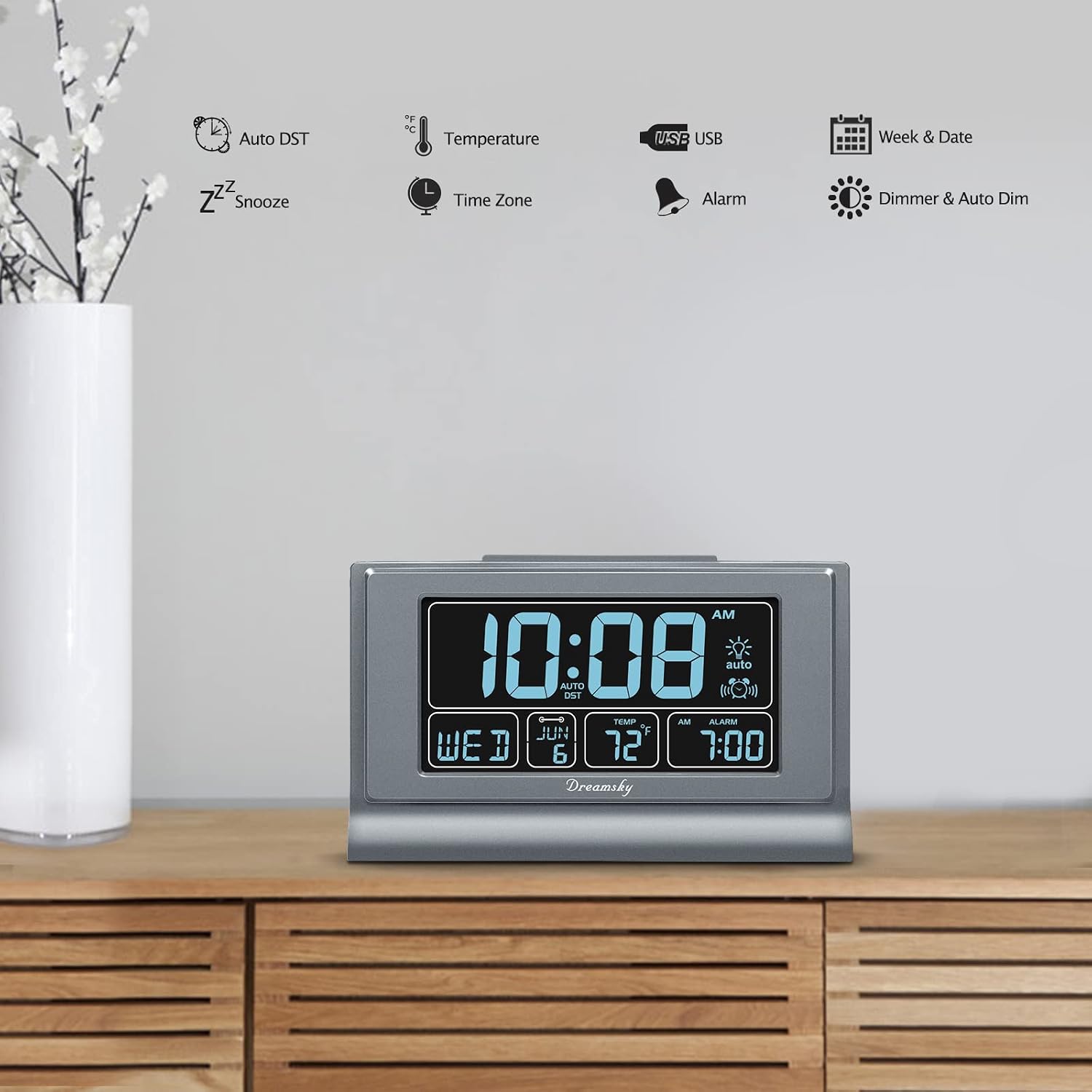 DreamSky Digital Alarm Clock with Battery Backup for Bedroom, Auto Set Clock with USB Charging Ports, 5 Inch Large Display with Date Weekday Temperature, Auto DST, Brightness Dimmer, Snooze, 12/24H