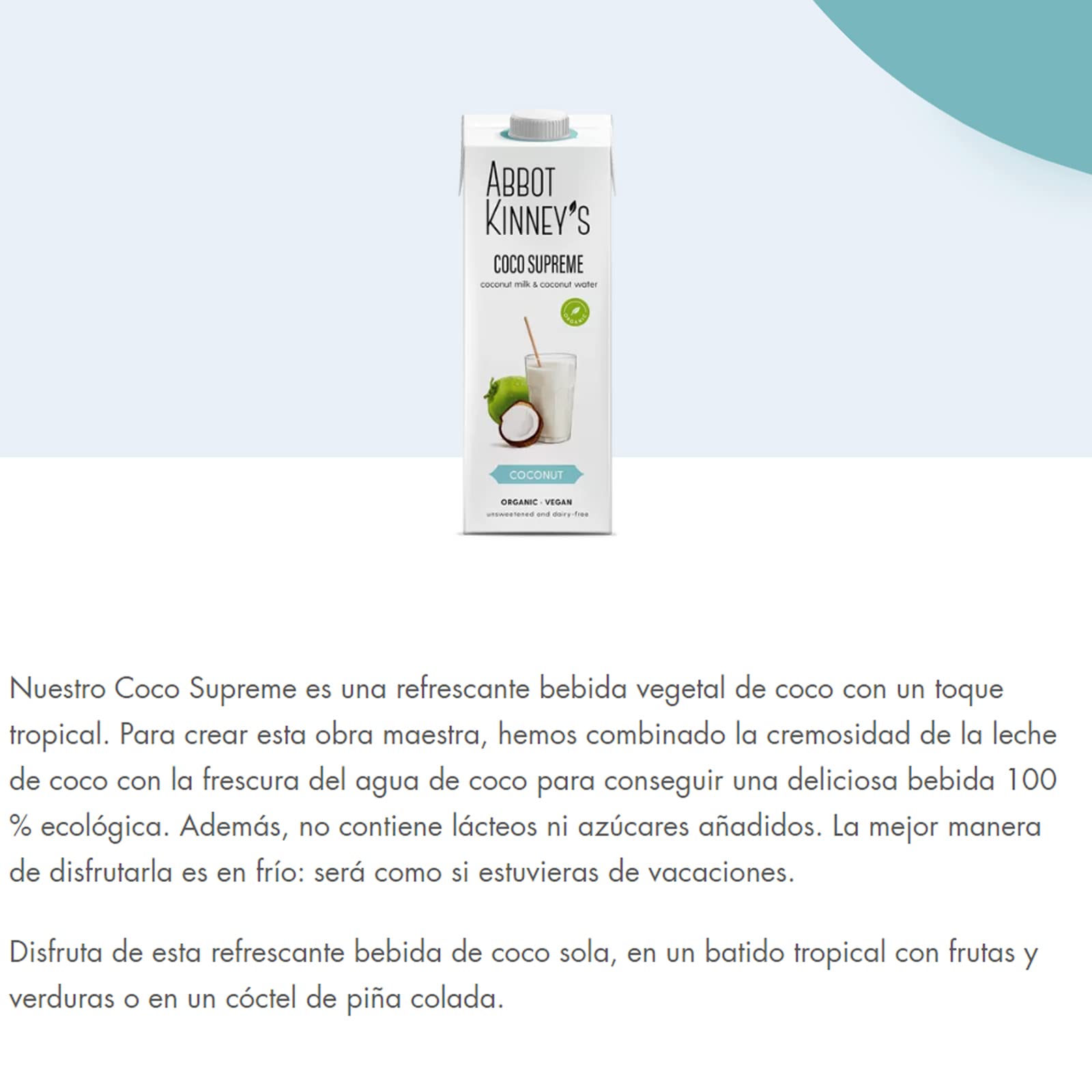 Abbot Kinney's Bebida Ecológica Vegetal de Coco Supreme Pack 6 x 1 L Sin Azúcar Añadido Vegano Sin Lactosa