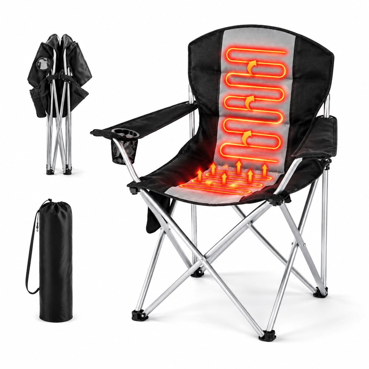 Silla de camping plegable con calefacción – 182 kg – 3 niveles de ajuste de temperatura, bolsillo lateral y soporte para bebidas, respaldo ergonómico – ideal para ver deportes (batería no incluida en