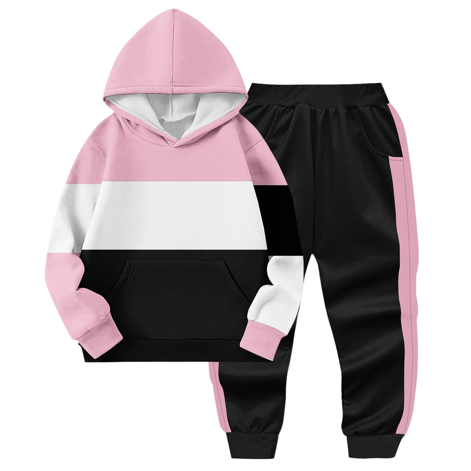 HAOLEI Conjunto Deportivo de 2 Piezas para Niñas y Niños,Conjunto Chandal de Color Block Sudadera con Capucha Manga Larga y Cintura Alta Pantalones Deporte para Infantil Ropa Chándal Otoño Invierno