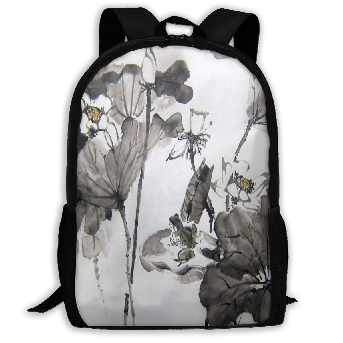 Backpack Lotus And Frog Japanese Ink Painting Zipper School Bookbag Daypack Travel Rucksack Gym Bag For Man Women