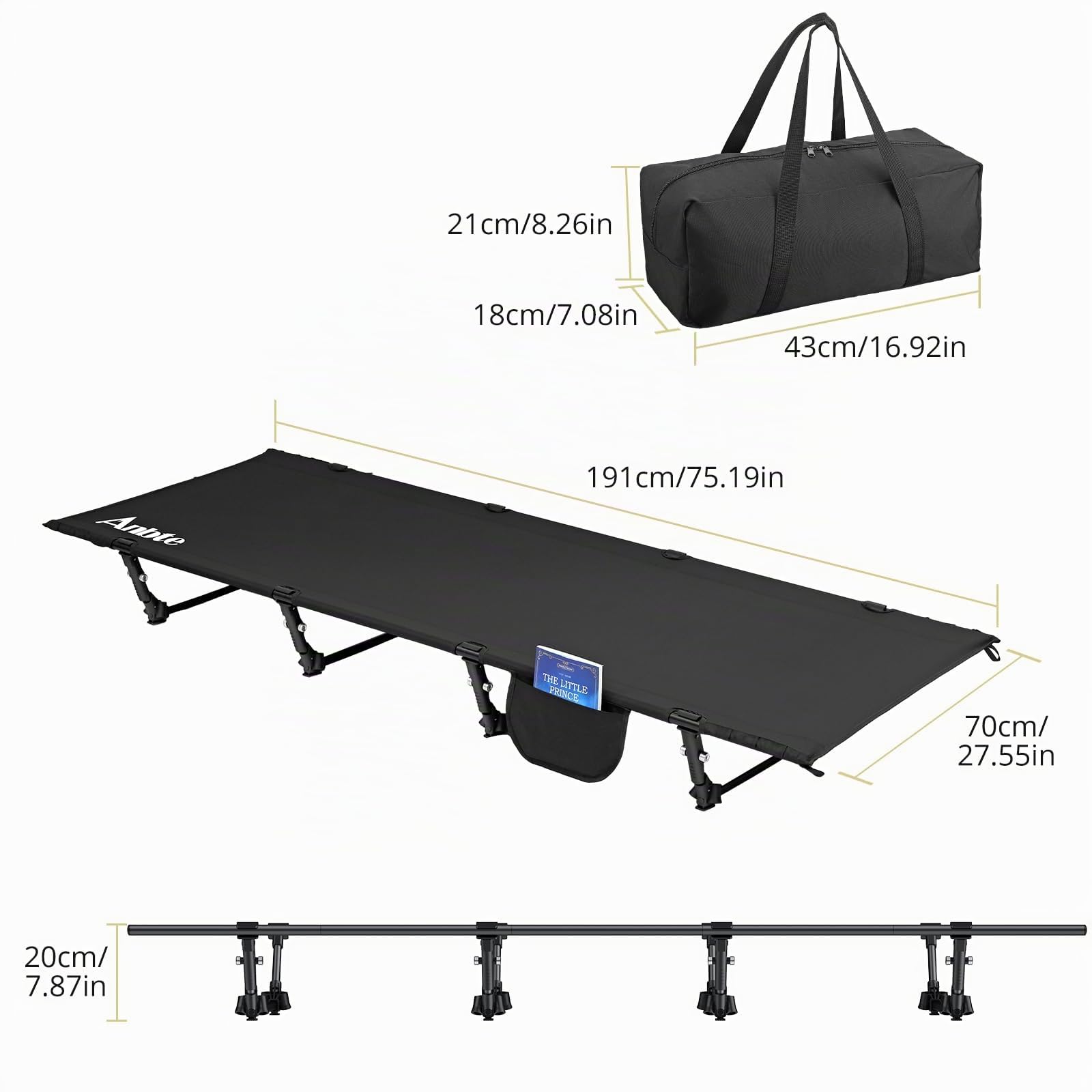 Anbte Lit de Camp Pliable 1 Personne 191×70×20 cm, Montage Facile avec Pince Latérale, Lit de Camping Portable avec Sac, Charge 125 kg, pour Camping, Plage, Jardin