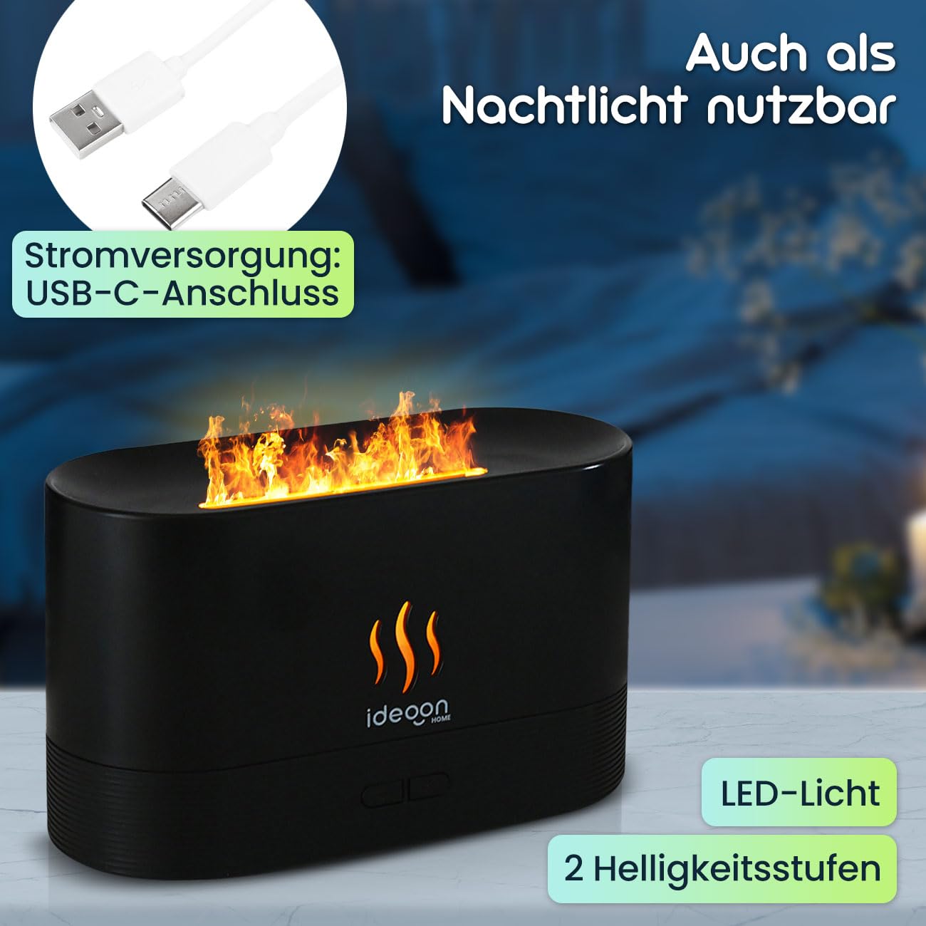 ideoon 2er-Set Stilvoller Aroma Diffuser mit Flammeneffekt – Ultraleiser Ultraschall Duftbefeuchter, USB, Auto-Stop, 10h Laufzeit für Schlafzimmer & Büro