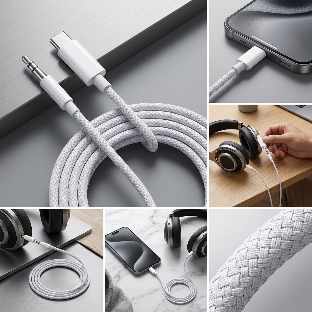 PDAteknoloji 3.5mm Aux to Type-C,Lightning ile Uyumlu Kablolar (1metre, 2 metre) (Lightning 1 metre)