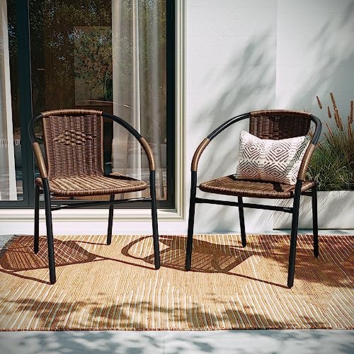 Image of EMMA + OLIVER Set of 4 Modern PE Rattan Stack Chairs, Indoor /Outdoor Patio Dining Chairs, No Assembly Required, Brown