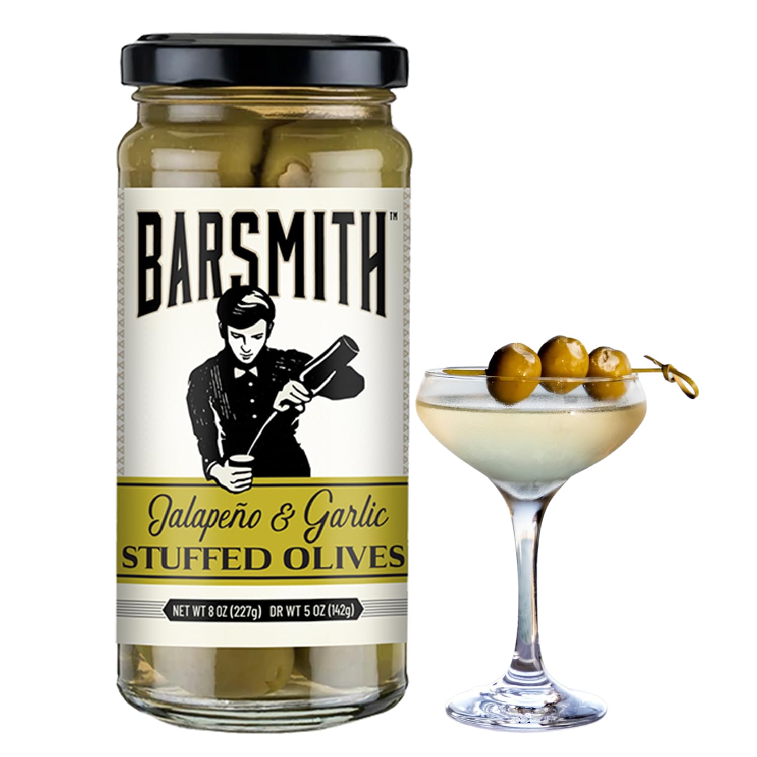 Barsmith Jalapeño & Garlic Stuffed Olives - Cocktail Garnish w/ Balanced Heat & Flavor - Gourmet Stuffed Olives for Martinis, Bloody Marys, Parties - Perfect for Home or Bar Use - 8 oz Jar (Pack of 1)