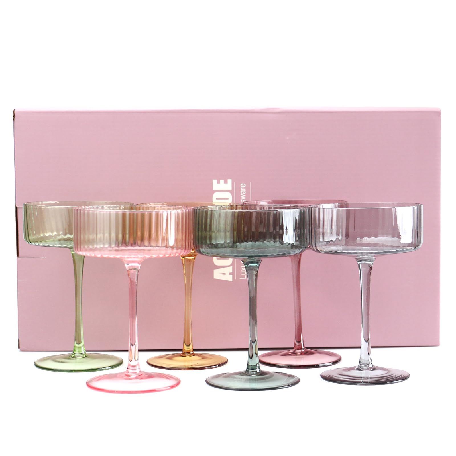 AOROTOE Champagne Coupe Glasses Set Of 6 Martini Glasses Ribbed Colored Glassware Vintage Cocktail Glasses Gifts Box Gifts For Women Mom Wife Sisters And Grandmother 10 Oz Pink Yellow Weddings