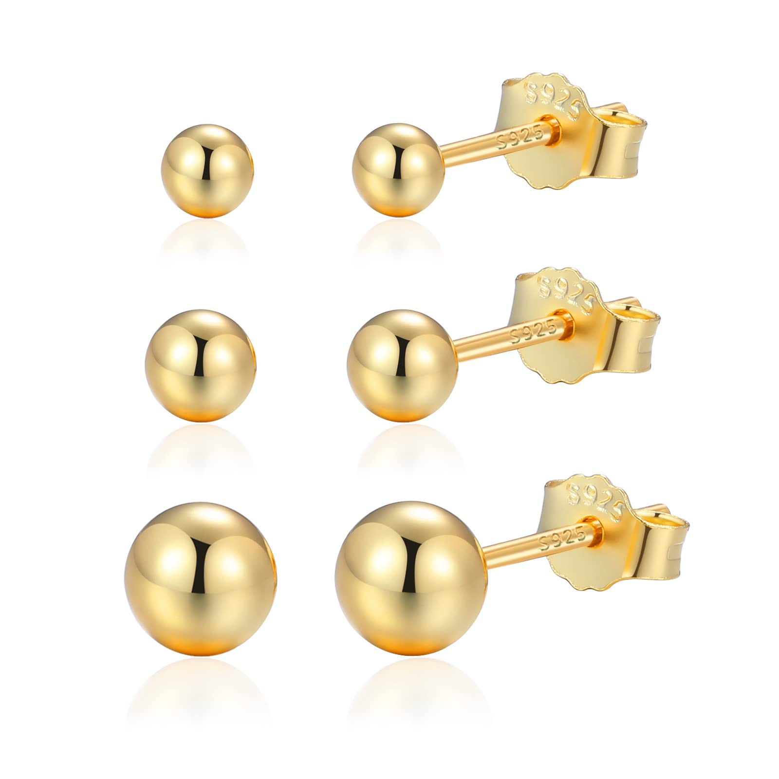 Candyfancy Oorstekers, 925 sterling zilver, set van 3 paar ronde bol, mini- oorstekers, roségoud verguld, voor dames en heren, meisjes, 3 mm/4 mm/5 mm, set van 3, S, Sterling zilver