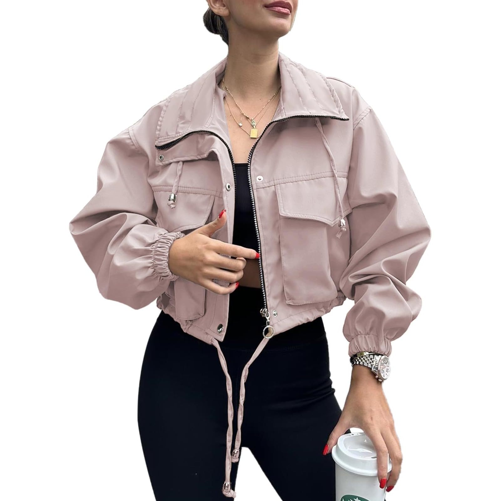 Womens Cropped Jacket Zip 2026 Trendy Zip Up Lightweight Utility Anorak Coat Long Sleeve Short Jacket with Pockets