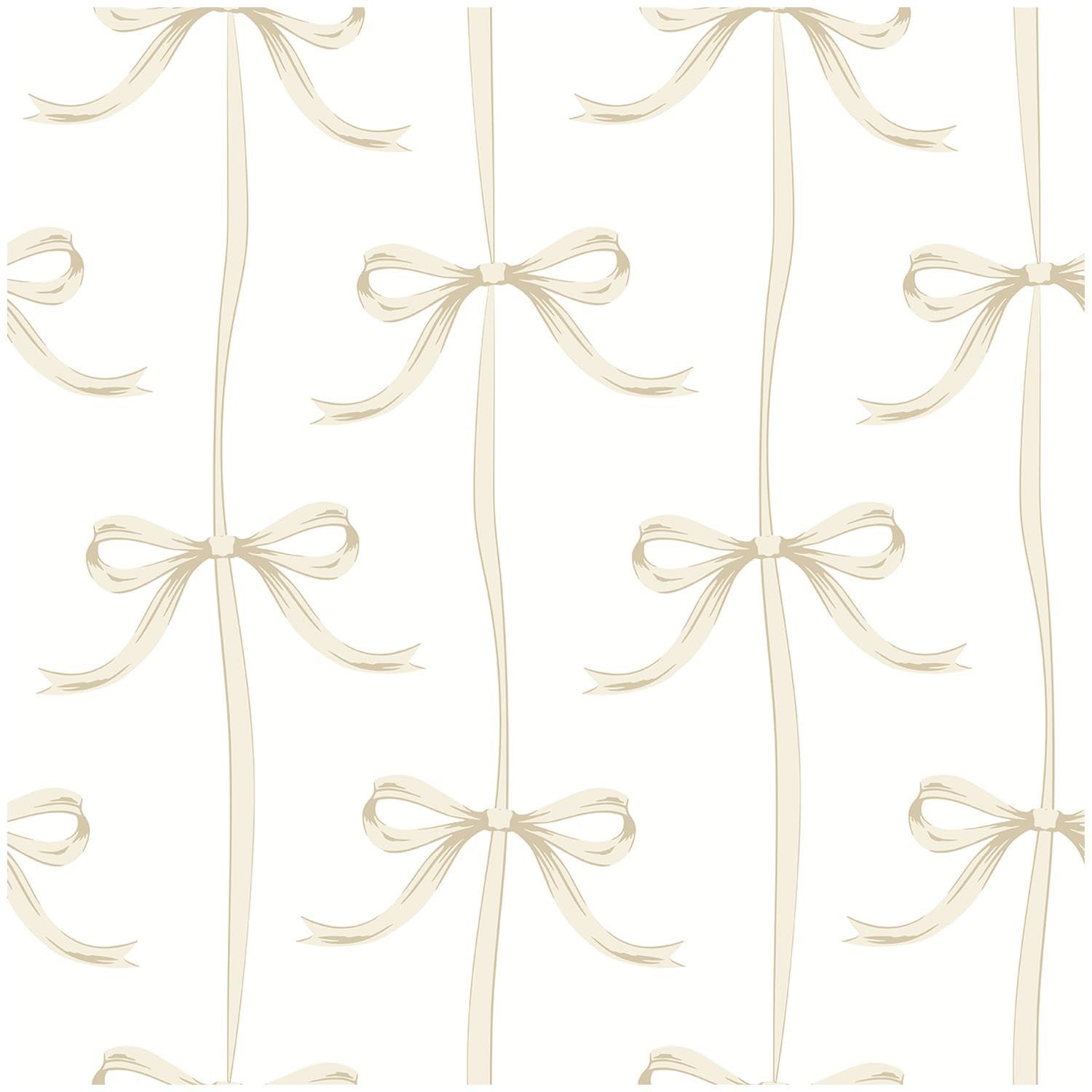 YöL Beige Bow Pattern Wallpaper with Ribbon Design on White Background, Decorative Wall Covering for Bedrooms Nurseries and Feature Walls, Elegant Whimsical Interior Décor