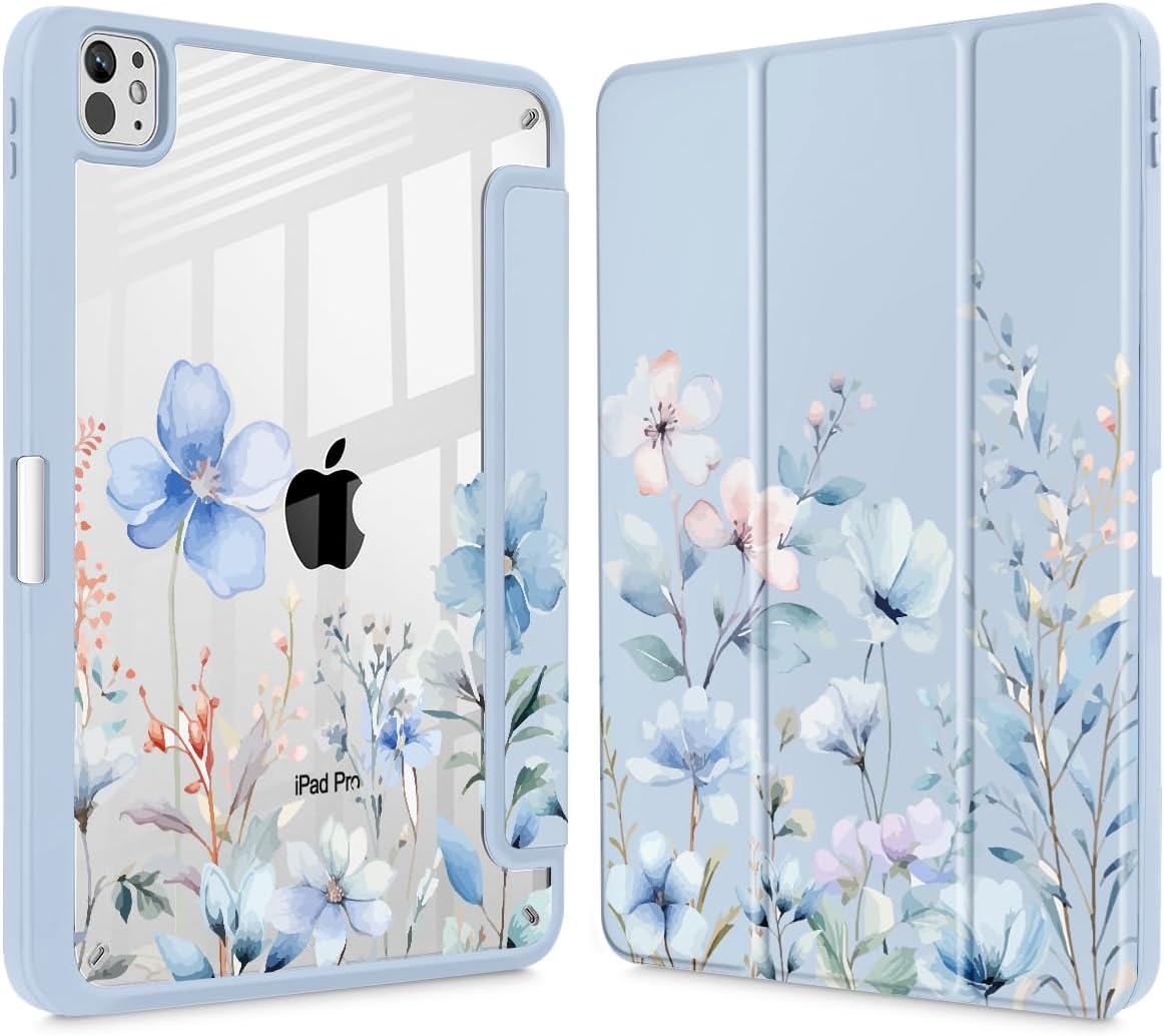 May Chen Case for iPad Pro 11-Inch M5/M4 2025/2024 (6th/5th Generation), Clear Transparent Print Back Shell Slim Stand Shockproof Tablet Cover, Auto Wake/Sleep, Blue Flowers