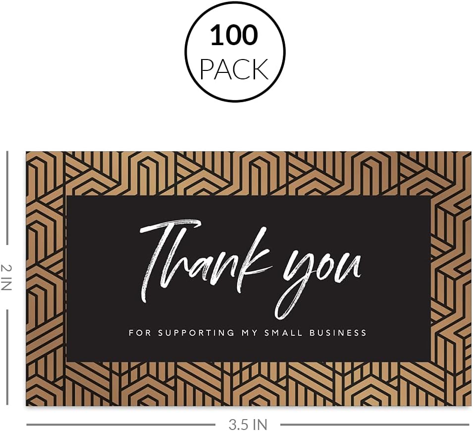 Andaz Press Thank You For Supporting My Small Business Cards, Black and Tan Geometric Lines, 100-Pack, 2 x 3.5- Inch Business Card Size for Small Business Owners, Customer Thank You Package Inserts