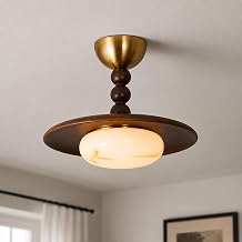 MIXL-Mid Century Walnut Wood Color Semi Flush Mount Ceiling Light, Modern Ceiling Lamp with Imitation Marble Glass Shade, Dimmable Hallway Light Fixture, Farmhouse Ceiling Lamp for Bedroom Kitchen