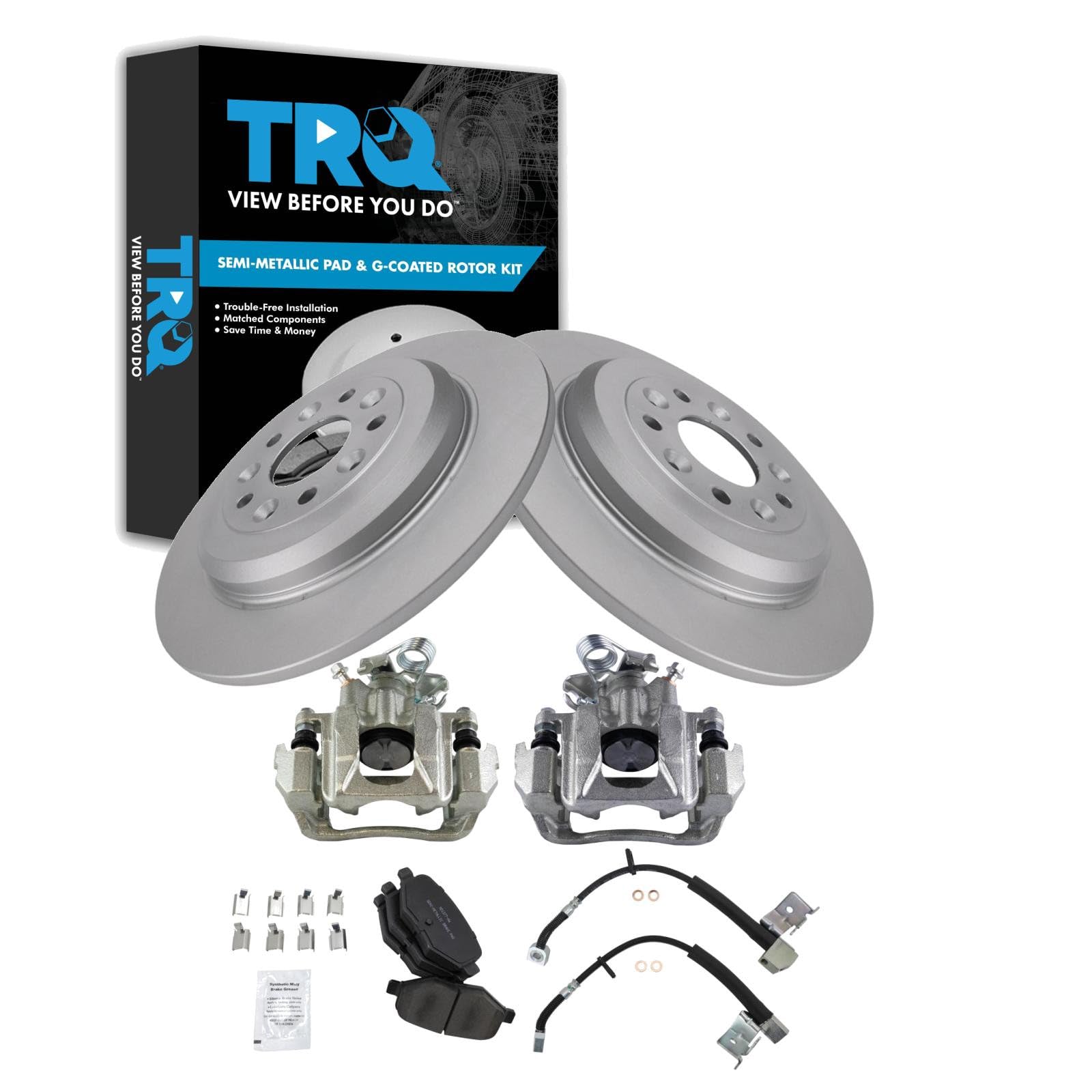 TRQ Rear Brake Pad and Rotor Set Semi Metallic Coated Rotors Calipers Compatible with 2011 Ford Explorer