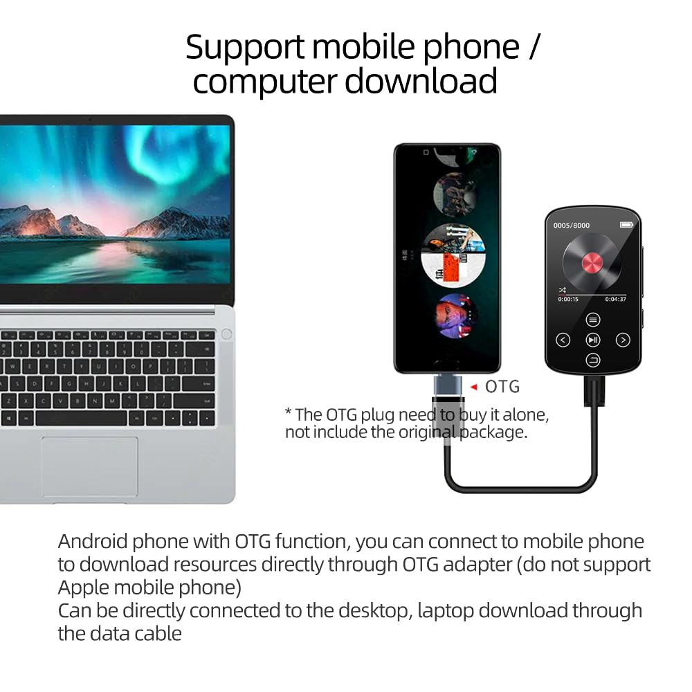 Lettore musicale portatile HiFi – Lettore MP3 con clip, touch screen, funzione OTG, scheda di memoria 64G inclusa (estensione 128G) – Alta fedeltà per audiofili
