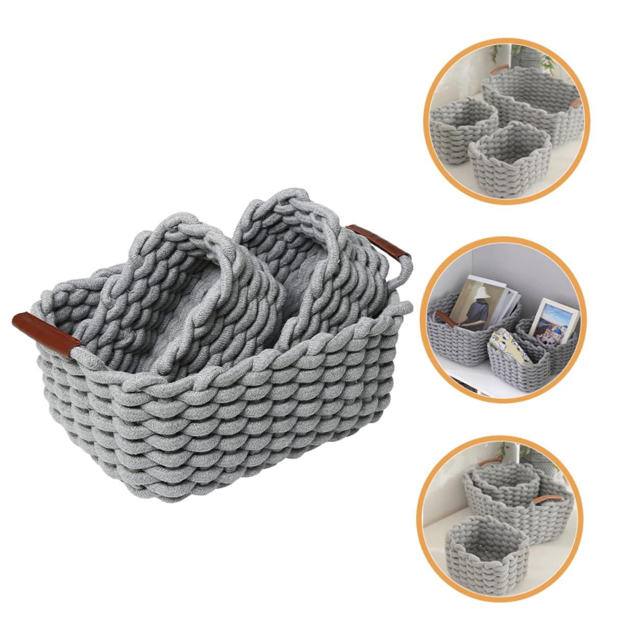 POPETPOP Cesta Tejida de Cuerda de Algodón, Juego de 1, Asa | Cuero, Estilo Nórdico Simple y Versátil, para Hogar y Cosméticos, Almacenamiento Práctico y Seguro