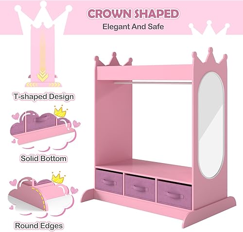 Miniatura 16 de JOYLDIAS - Armario de almacenamiento para niños con espejo y cajones, armario de almacenamiento para niños, armario de disfraces con estante