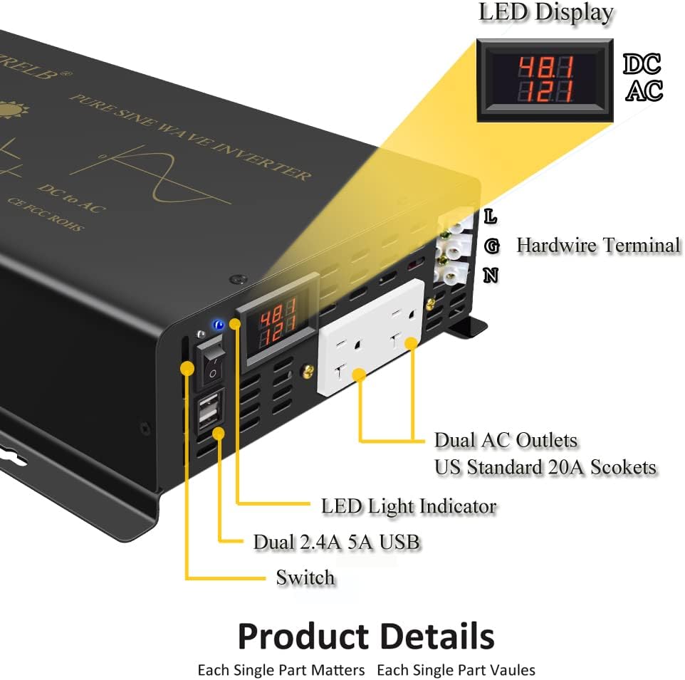 Inverter herinaratra WZRELB 3000W Pure Sine Wave misy singa misy marika toy ny efijery LED, terminal tariby mafy, fantson-jiro AC, seranana USB, ary switch.