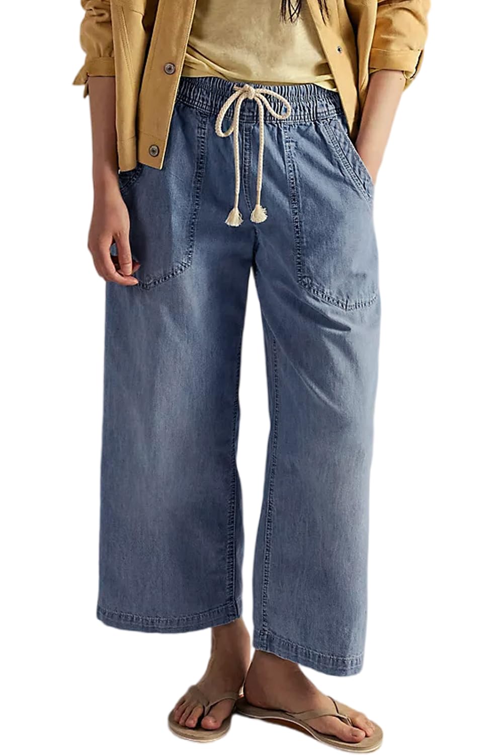 yoeasy Womens Wide Leg Jeans Mid Rise Elastic Drawstring Straight Leg Baggy Casual Ankle Denim Pants with Pockets