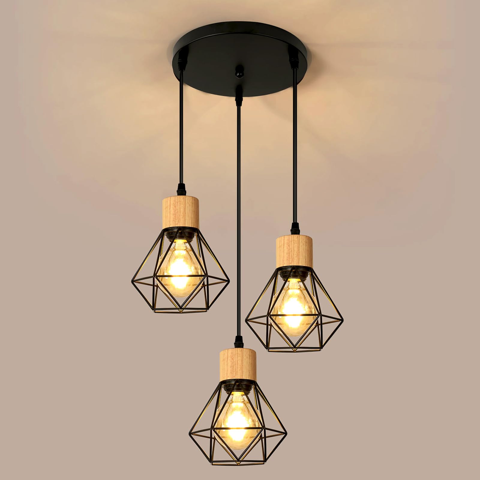 Toolight Lampara Colgante Vintage, 3 Luces Lámpara de Techo Vintage, Diseño de Jaula Negro en Madera y Hierro E27 para Comedor Cocina Salon Dormitorio