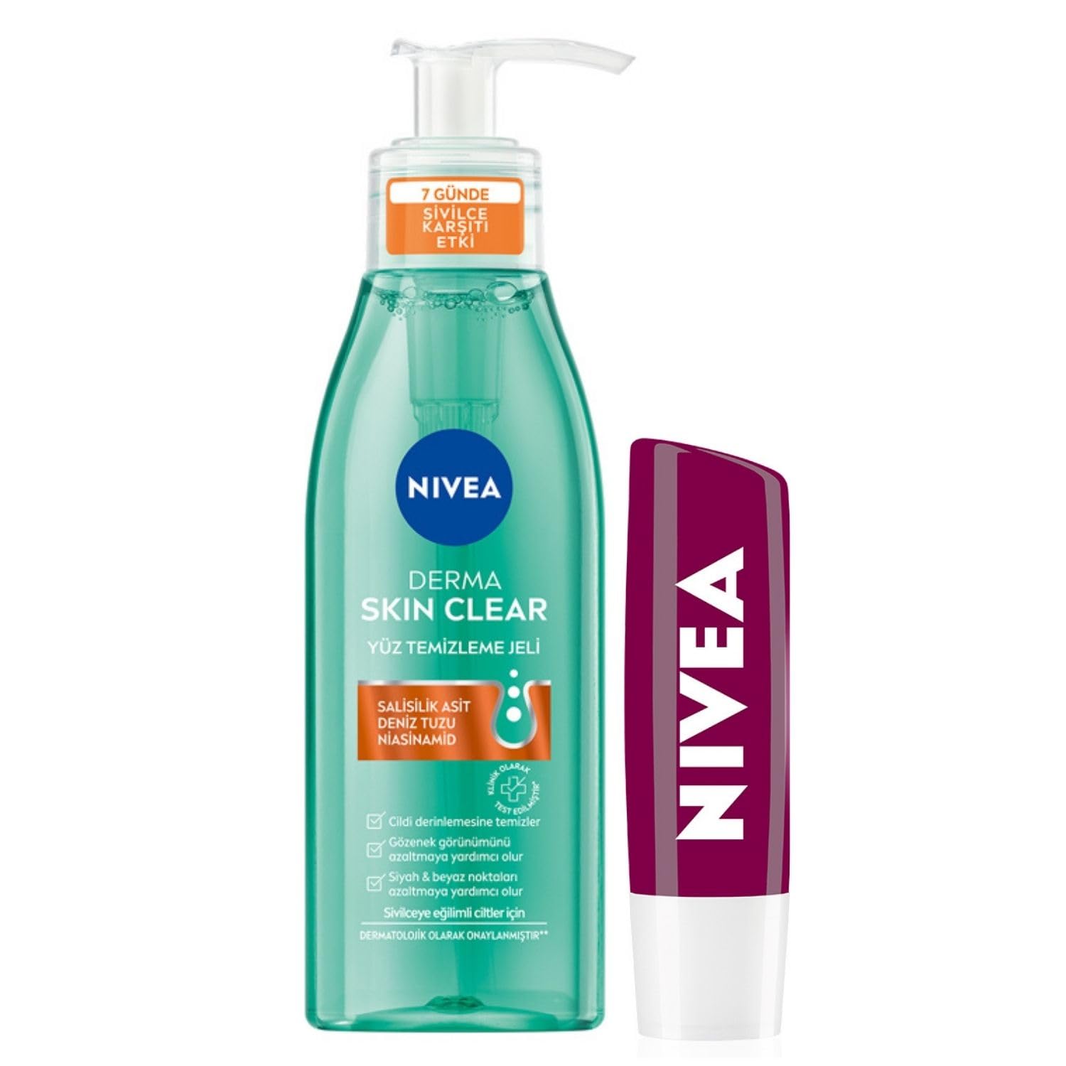 NIVEA Böğürtlen Dudak Bakım Kremi 4.8 gr+ NIVEA Derma Skin Clear Sivilce Karşıtı Yüz Temizleme Jeli 150ml